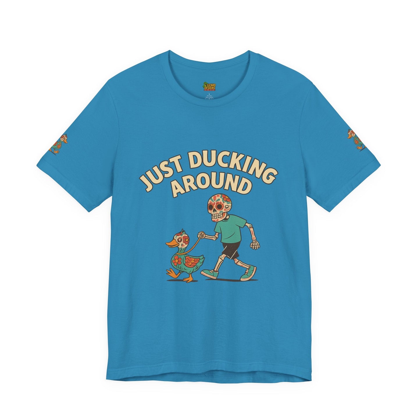 Just Ducking Around – Día de los Muertos Skeleton & Duck Tee | Funny Graphic Shirt – Aqua T-Shirt for cartoon graphic tee (10 view)