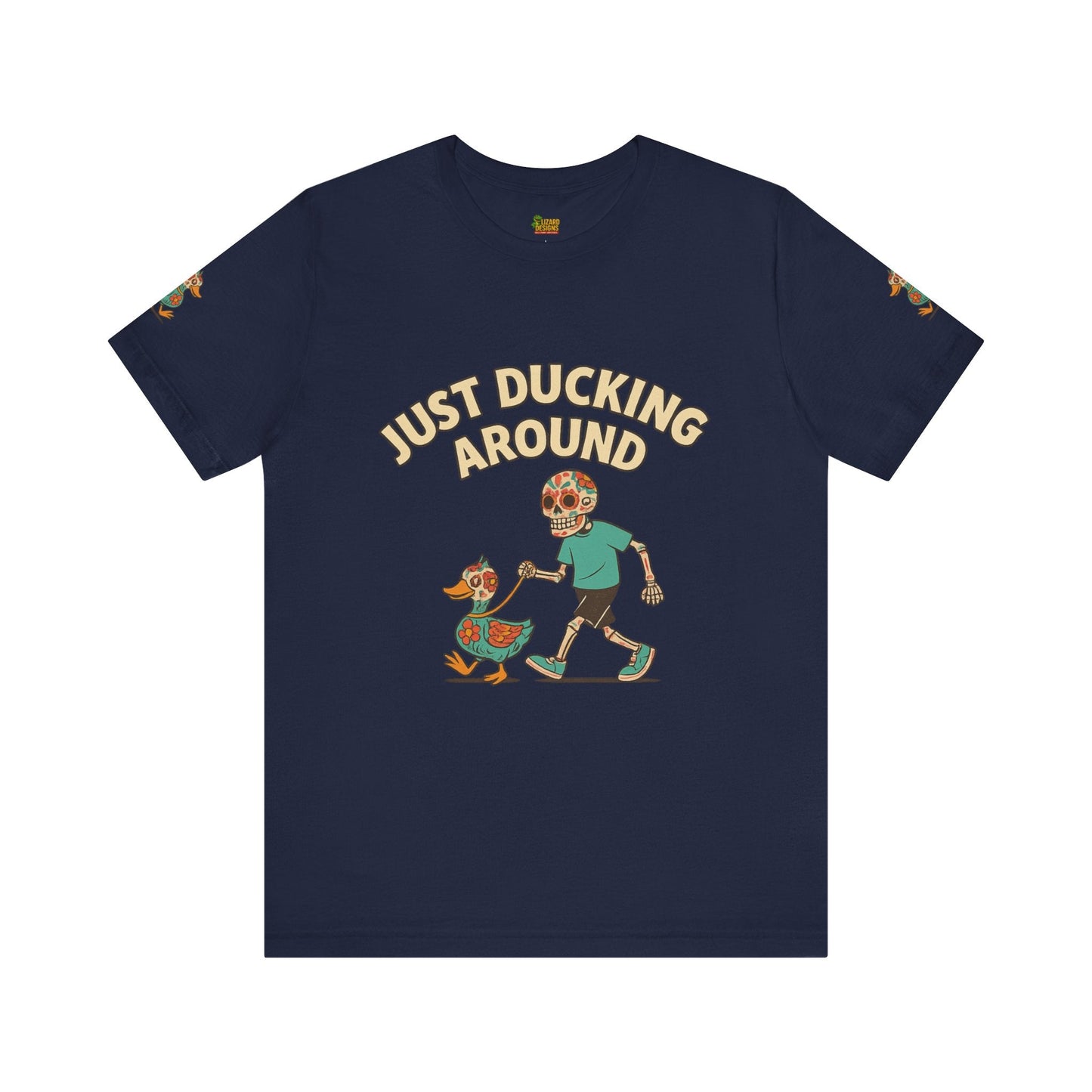 Just Ducking Around – Día de los Muertos Skeleton & Duck Tee | Funny Graphic Shirt – Navy T-Shirt for cartoon graphic tee (16 view)