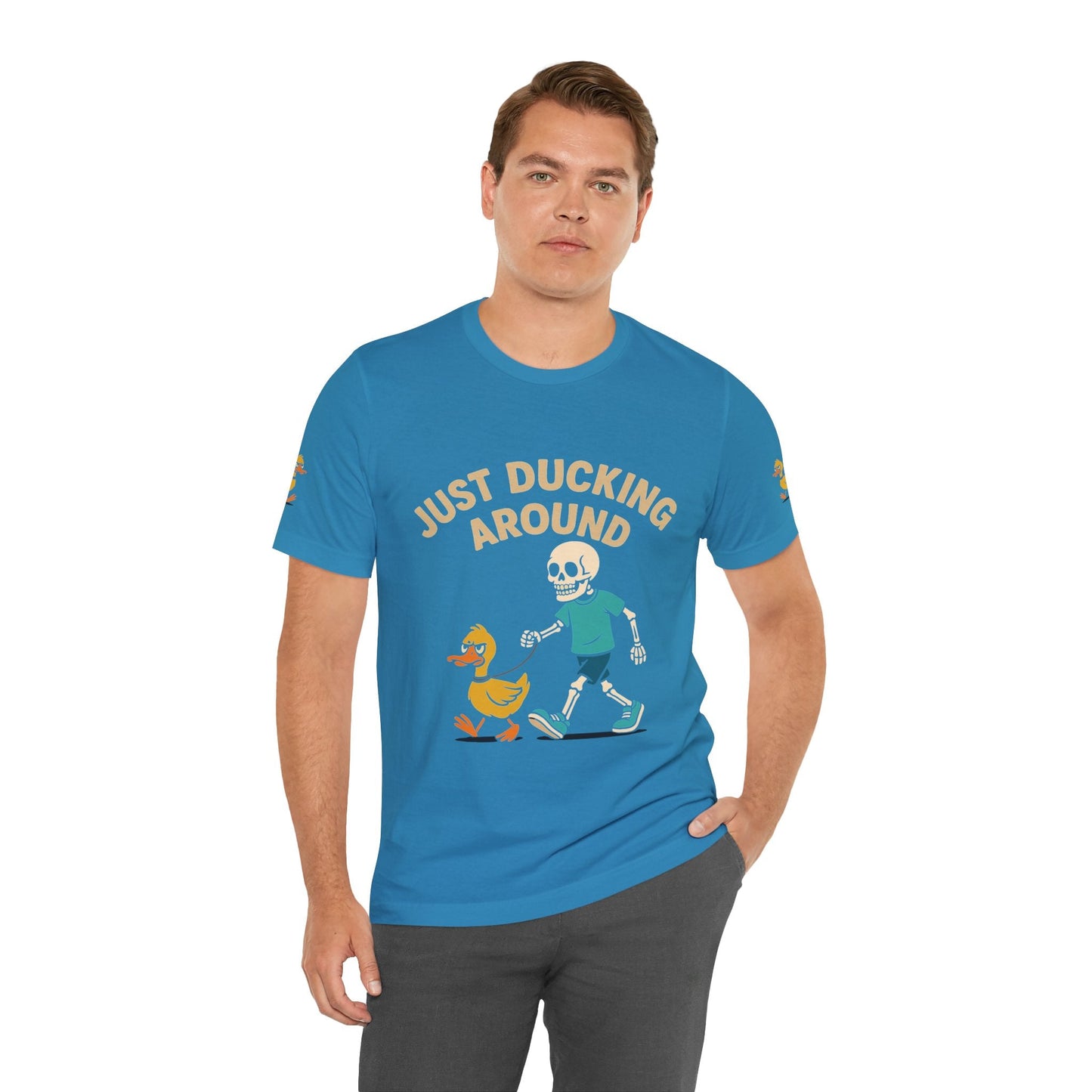 Just Ducking Around – Funny Skeleton Walking Duck Shirt | Bold Humor Tee – Aqua T-Shirt for Best Sellers (8 view)