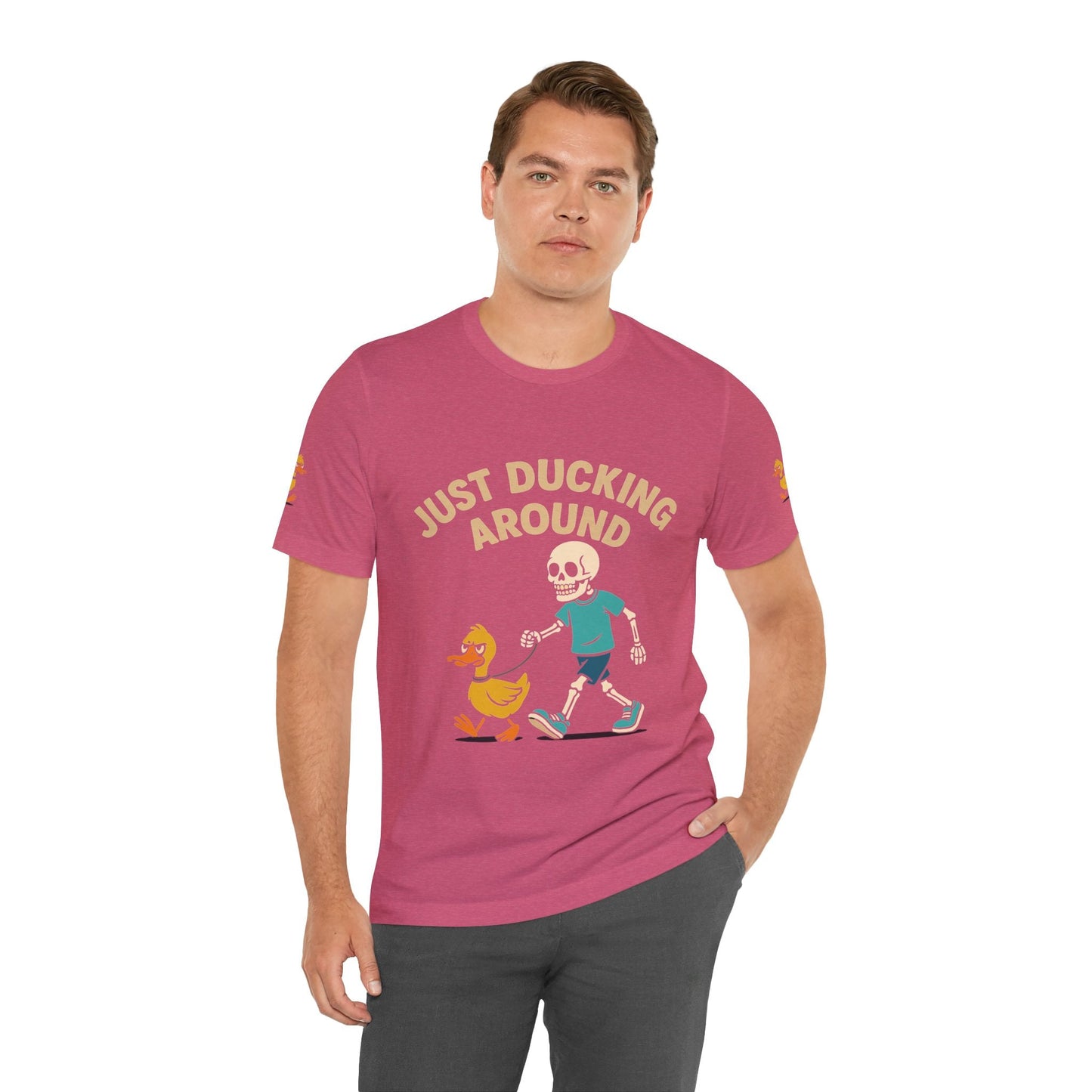 Just Ducking Around – Funny Skeleton Walking Duck Shirt | Bold Humor Tee – Heather Raspberry T-Shirt for Best Sellers (33 view)
