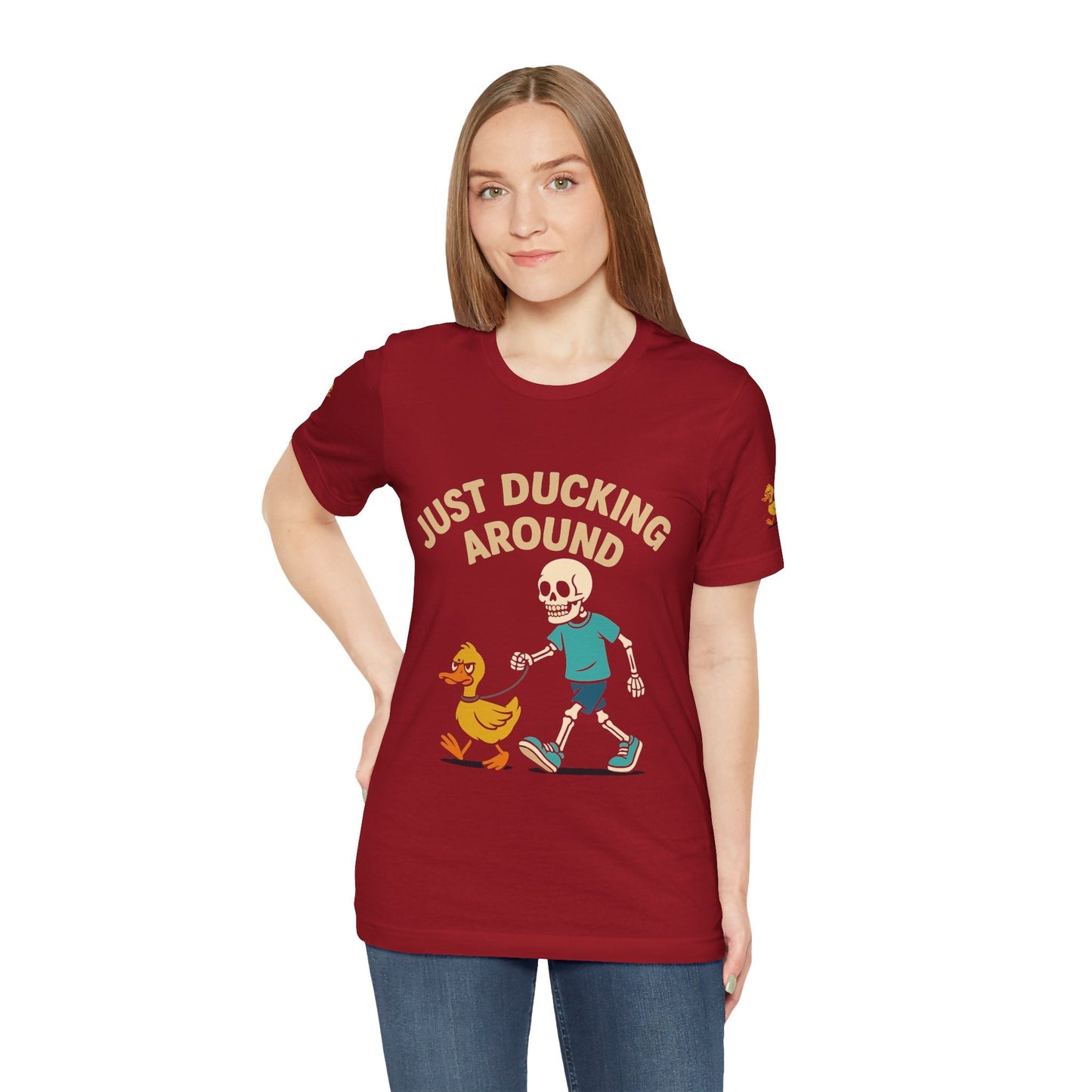 Just Ducking Around – Funny Skeleton Walking Duck Shirt | Bold Humor Tee – Canvas Red T-Shirt for Best Sellers (37 view)
