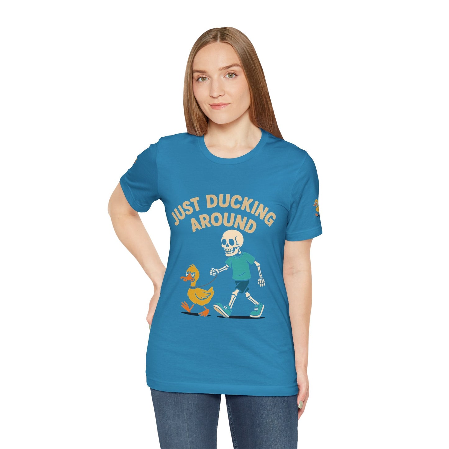 Just Ducking Around – Funny Skeleton Walking Duck Shirt | Bold Humor Tee – Aqua T-Shirt for Best Sellers (7 view)