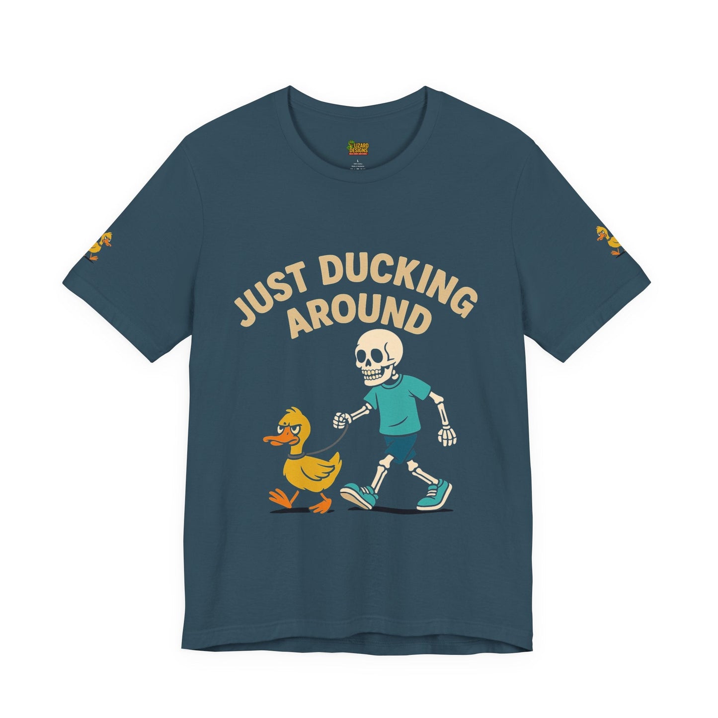 Just Ducking Around – Funny Skeleton Walking Duck Shirt | Bold Humor Tee – Deep Teal T-Shirt by Printify