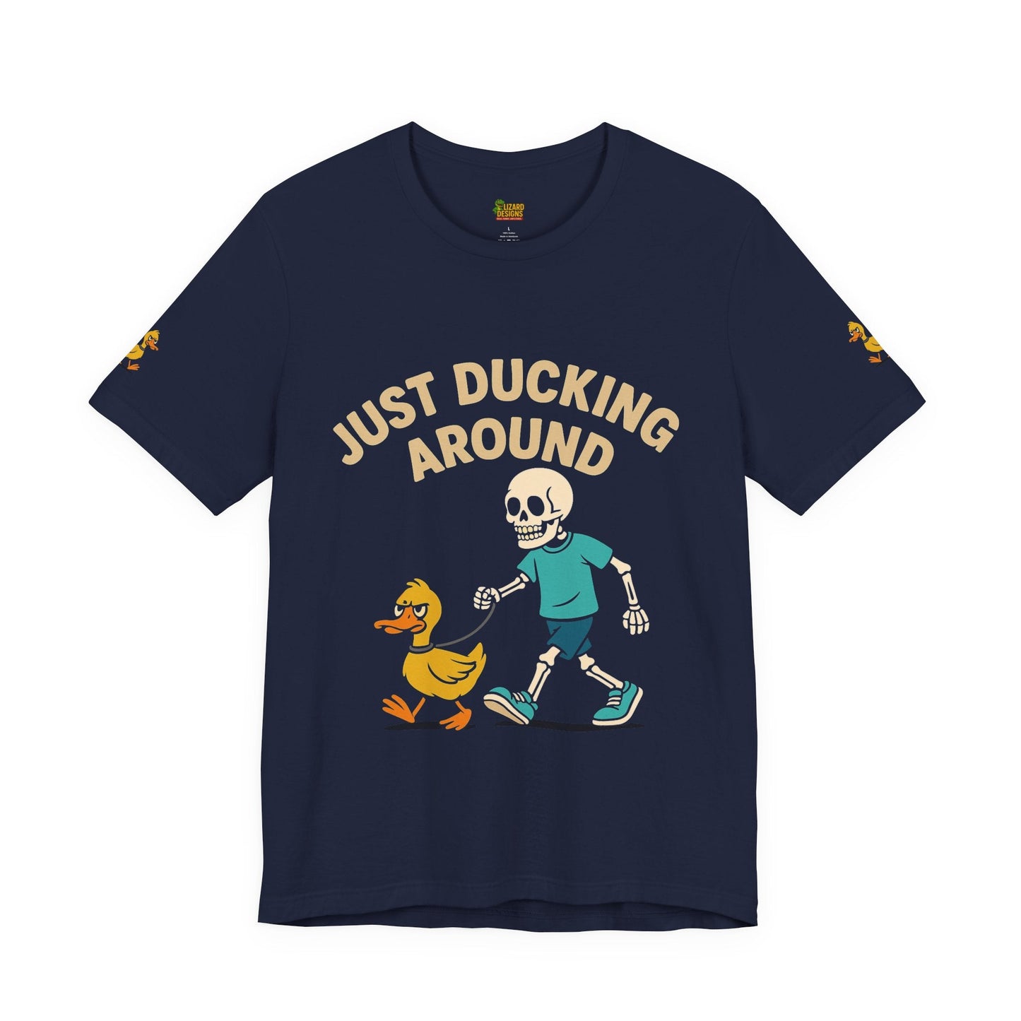 Just Ducking Around – Funny Skeleton Walking Duck Shirt | Bold Humor Tee – Navy T-Shirt for Best Sellers (20 view)