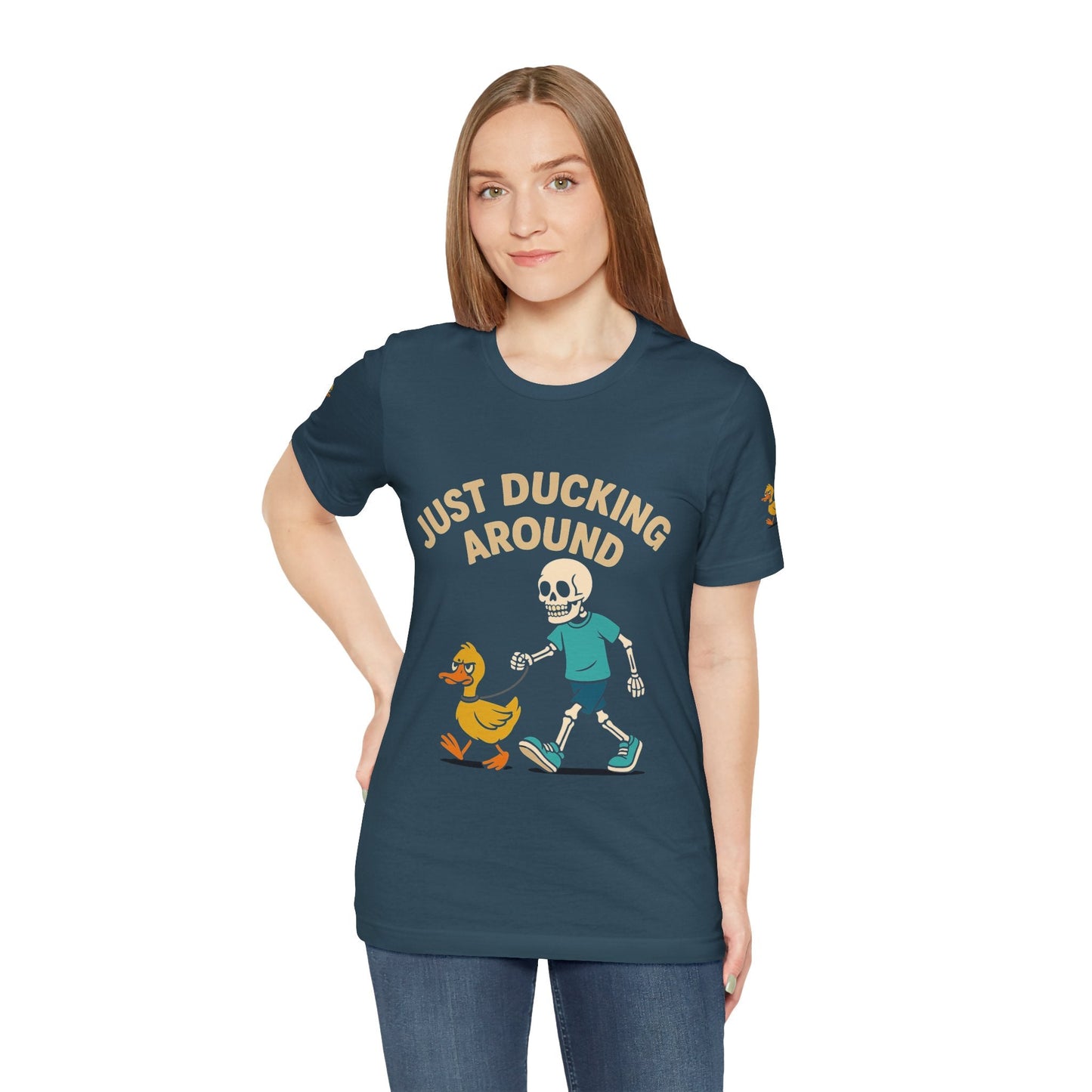 Just Ducking Around – Funny Skeleton Walking Duck Shirt | Bold Humor Tee – Deep Teal T-Shirt for Best Sellers (12 view)