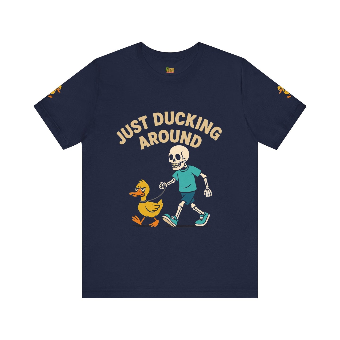Just Ducking Around – Funny Skeleton Walking Duck Shirt | Bold Humor Tee – Navy T-Shirt for Best Sellers (16 view)