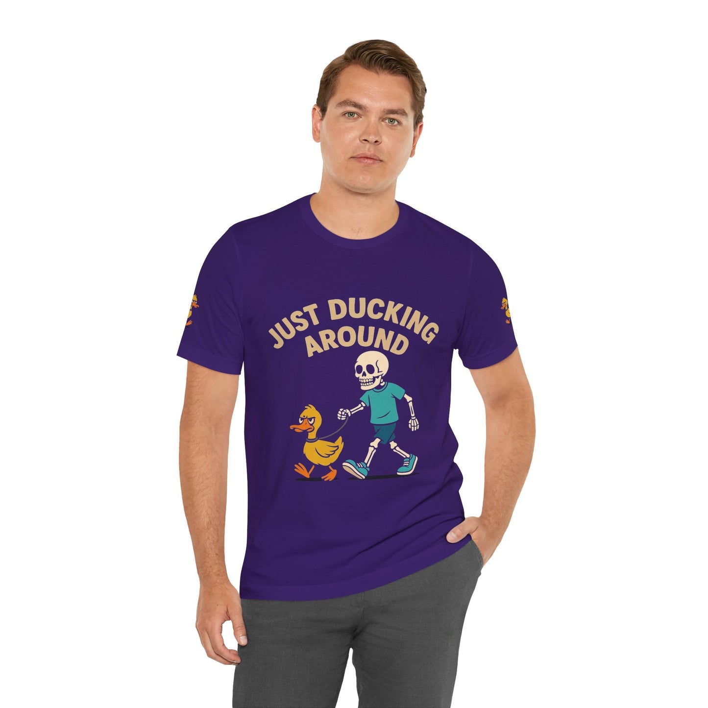 Just Ducking Around – Funny Skeleton Walking Duck Shirt | Bold Humor Tee – Team Purple T-Shirt for Best Sellers (23 view)