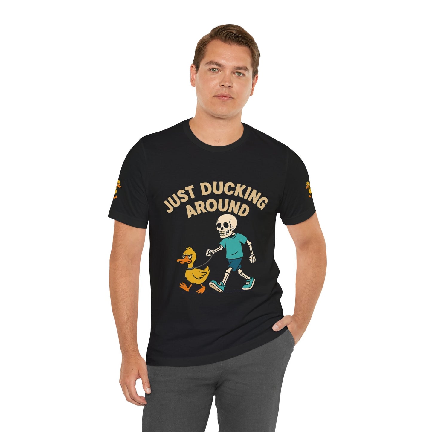 Just Ducking Around – Funny Skeleton Walking Duck Shirt | Bold Humor Tee – Black T-Shirt for Best Sellers (3 view)