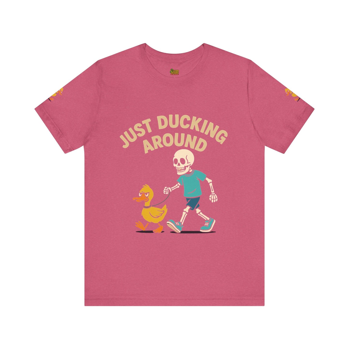 Just Ducking Around – Funny Skeleton Walking Duck Shirt | Bold Humor Tee – Heather Raspberry T-Shirt for Best Sellers (31 view)