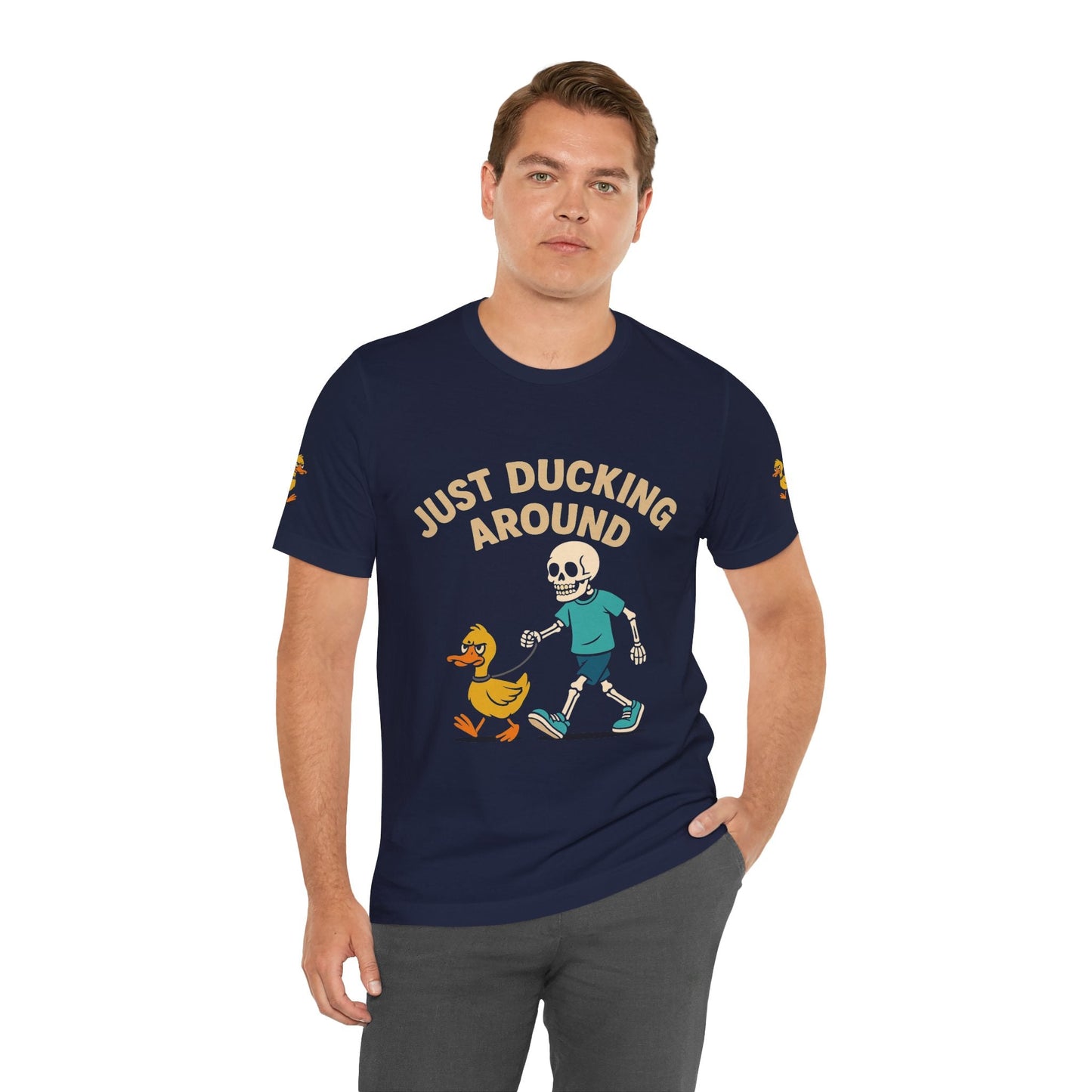 Just Ducking Around – Funny Skeleton Walking Duck Shirt | Bold Humor Tee – Navy T-Shirt for Best Sellers (18 view)