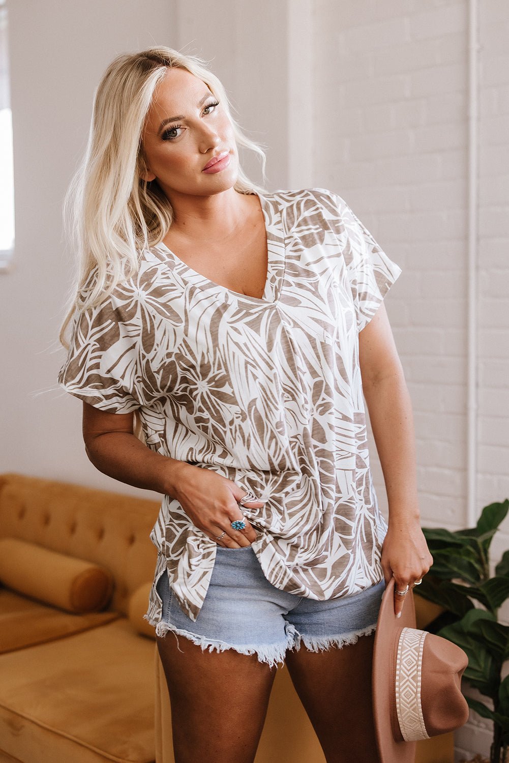 Karter Floral V Neck Short Sleeve Loose Fit Blouse – Khaki Tops/Blouses & Shirts for Shopify Collective (4 view)