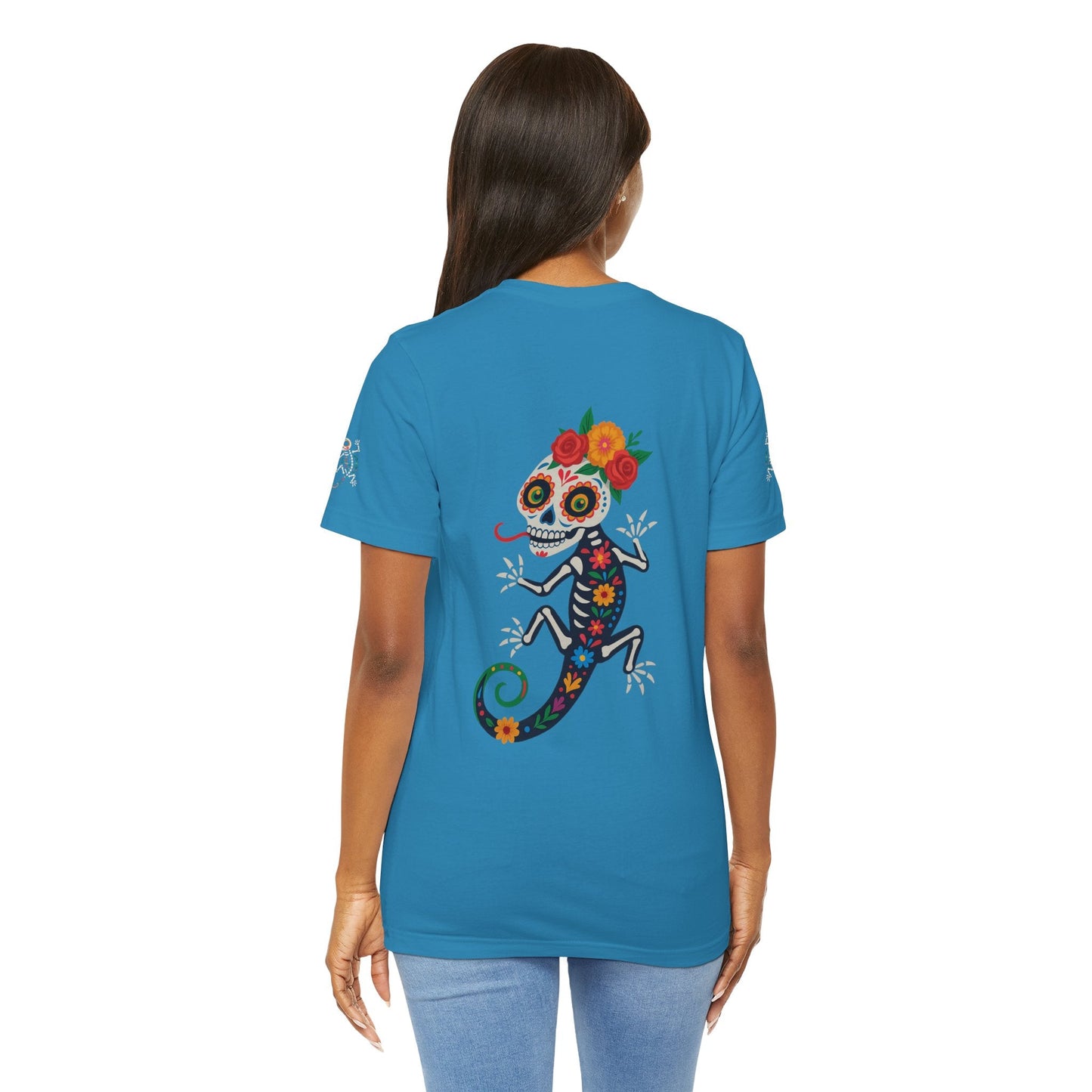 La Lagartija Viva – Sugar Skull Lizard Tee with Day of the Dead Vibes | Unisex Halloween Shirt – Aqua T-Shirt for artsy apparel (26 view)