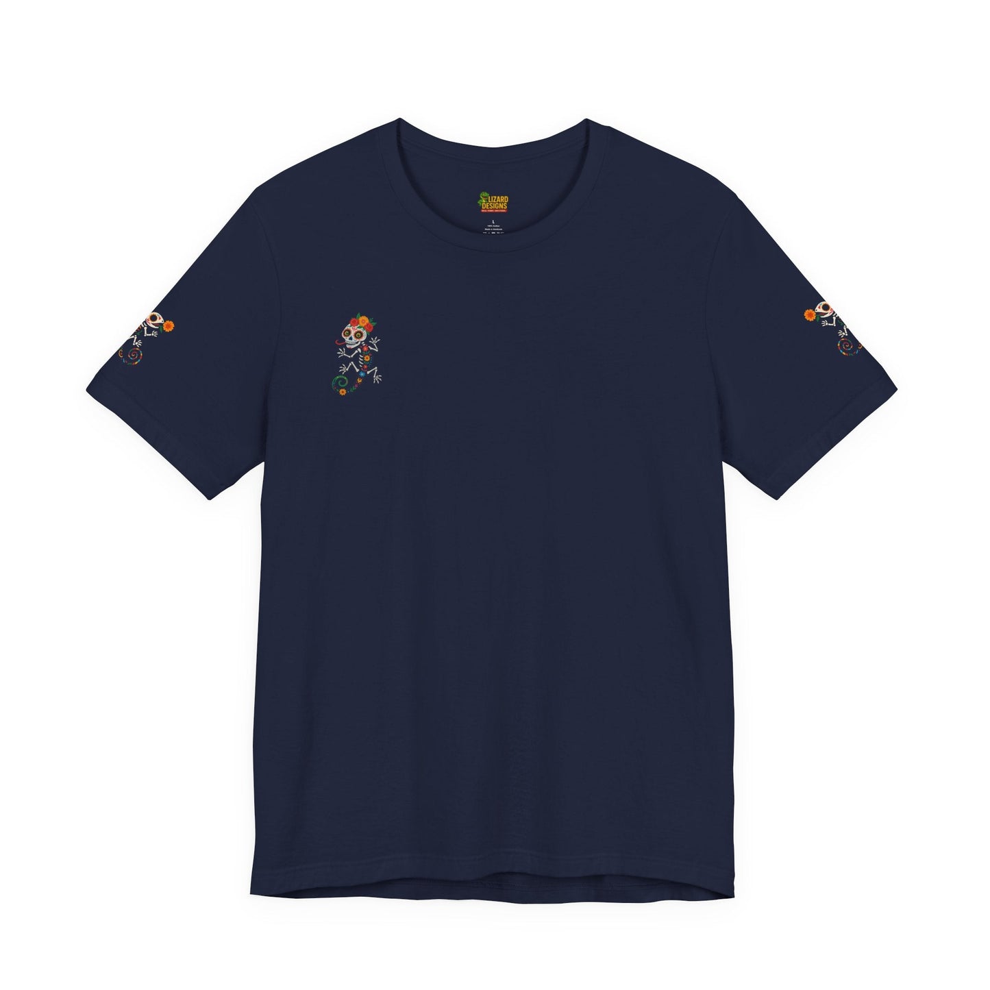 La Lagartija Viva – Sugar Skull Lizard Tee with Day of the Dead Vibes | Unisex Halloween Shirt – Navy T-Shirt for artsy apparel (52 view)