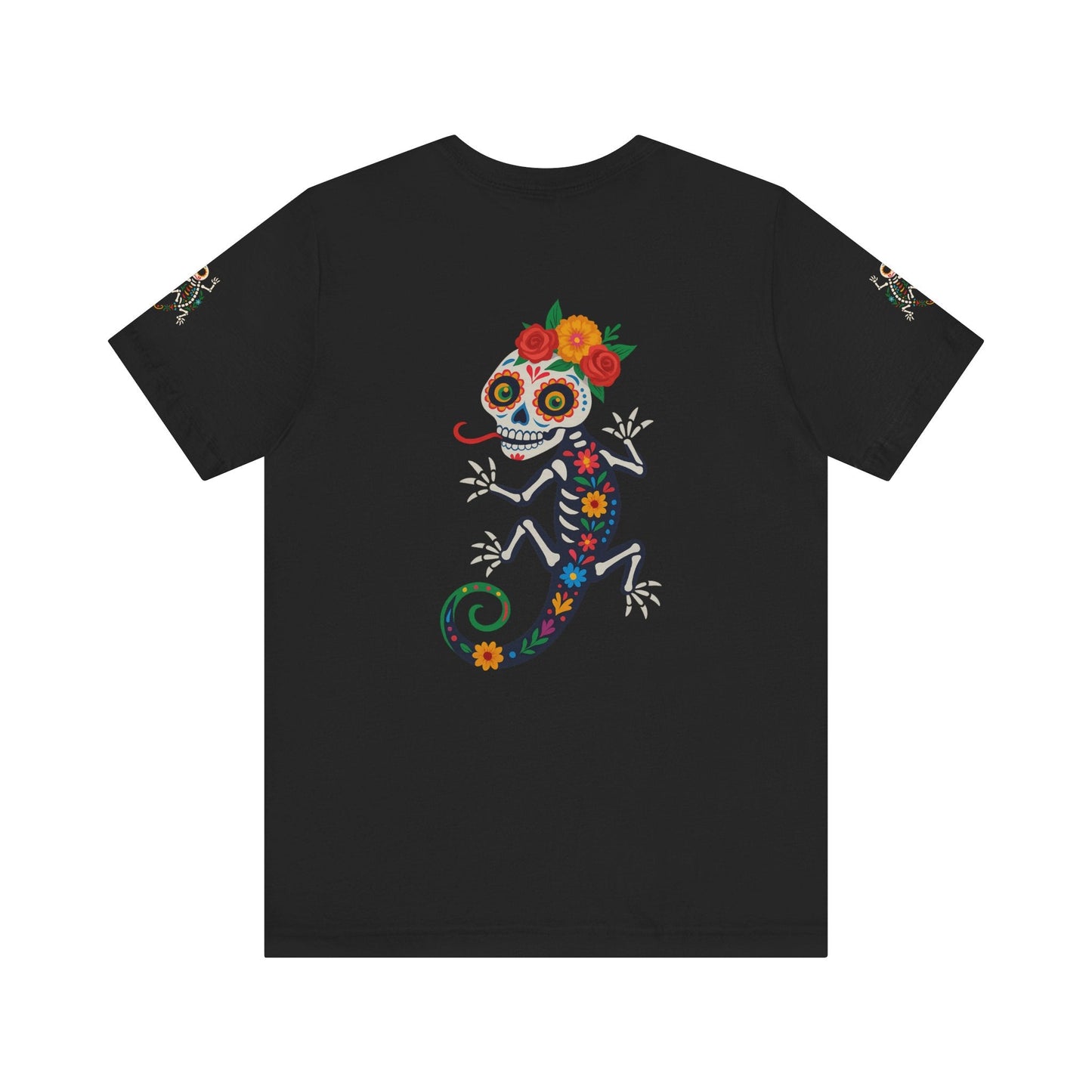 La Lagartija Viva – Sugar Skull Lizard Tee with Day of the Dead Vibes | Unisex Halloween Shirt – Black T-Shirt for artsy apparel (2 view)