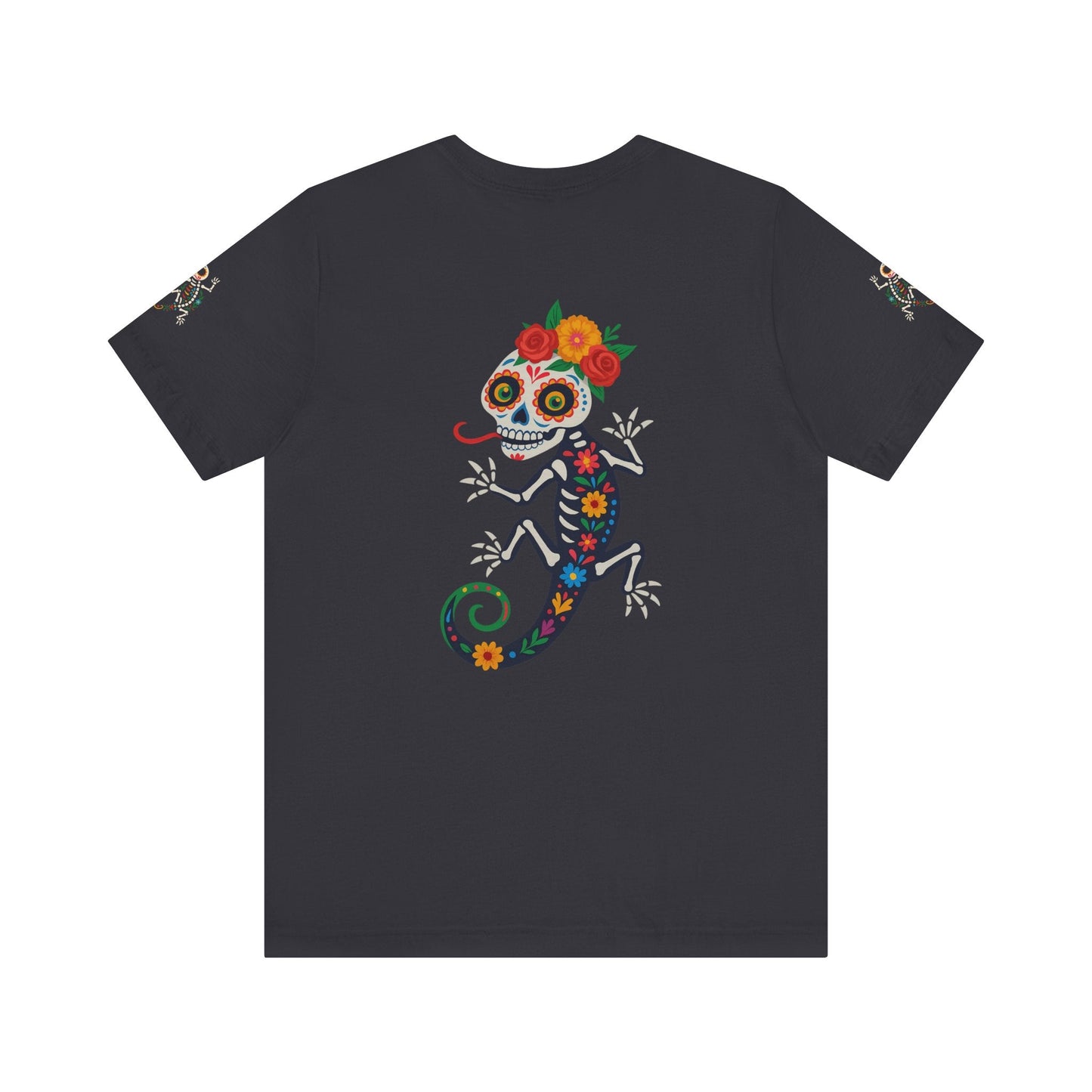 La Lagartija Viva – Sugar Skull Lizard Tee with Day of the Dead Vibes | Unisex Halloween Shirt – Dark Grey T-Shirt for artsy apparel (16 view)