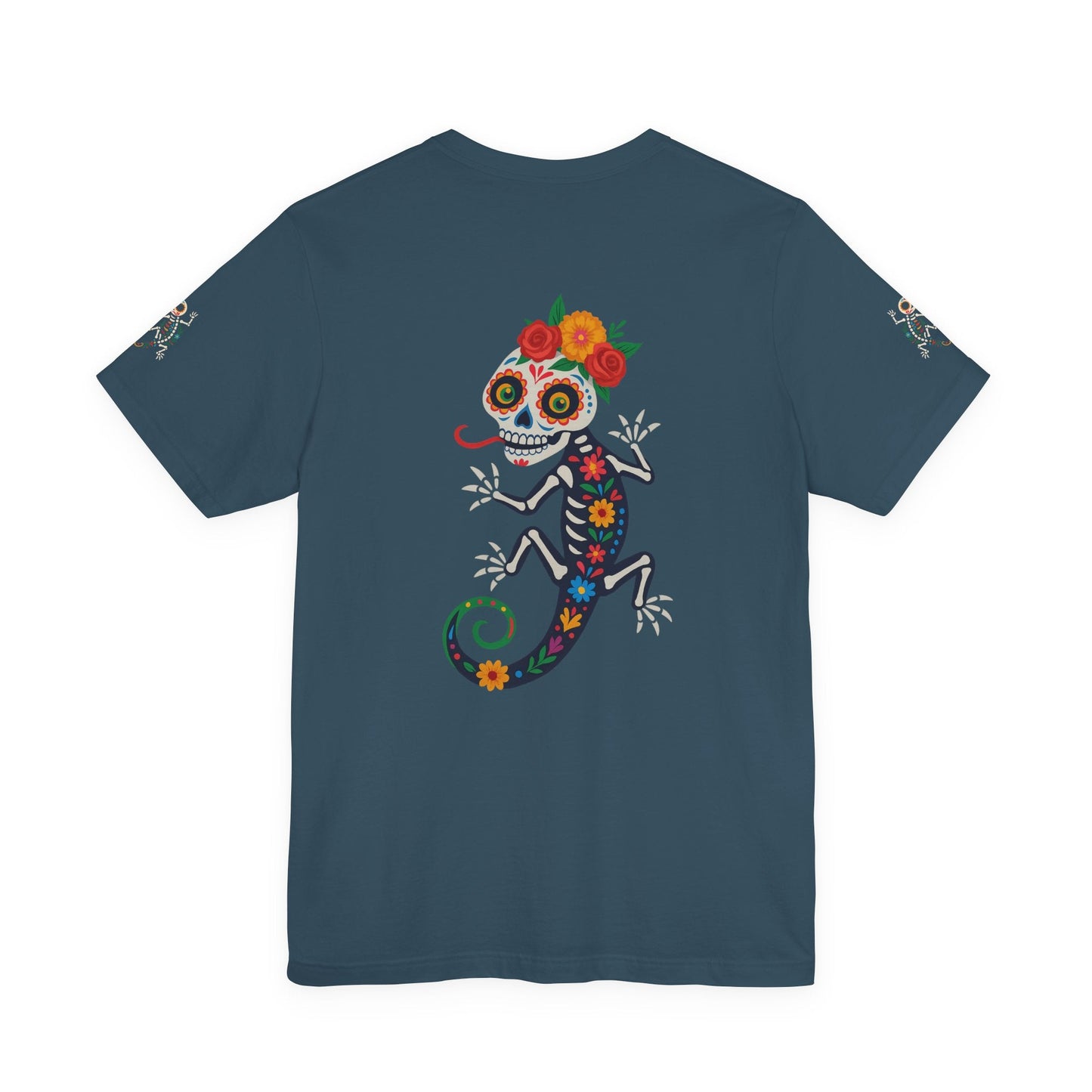 La Lagartija Viva – Sugar Skull Lizard Tee with Day of the Dead Vibes | Unisex Halloween Shirt – Deep Teal T-Shirt for artsy apparel (46 view)