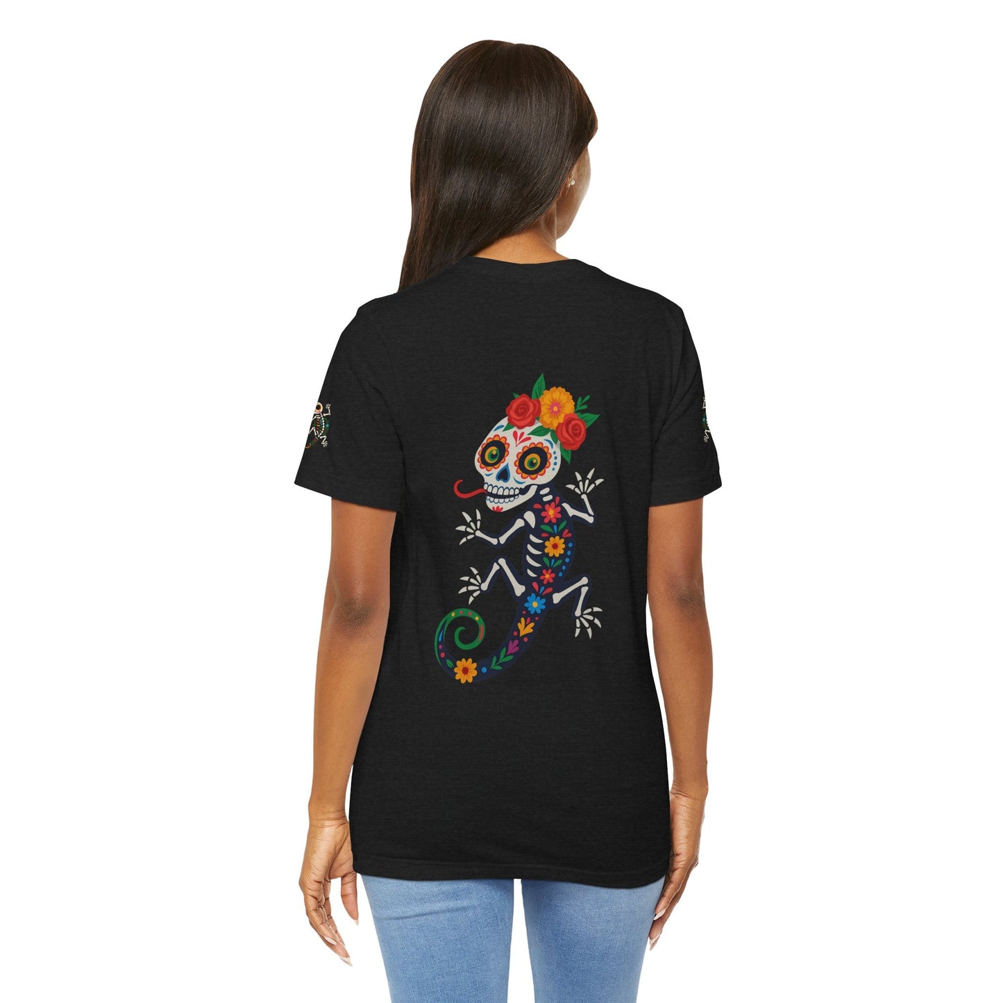 La Lagartija Viva – Sugar Skull Lizard Tee with Day of the Dead Vibes | Unisex Halloween Shirt – Solid Black Blend T-Shirt for artsy apparel (10 view)