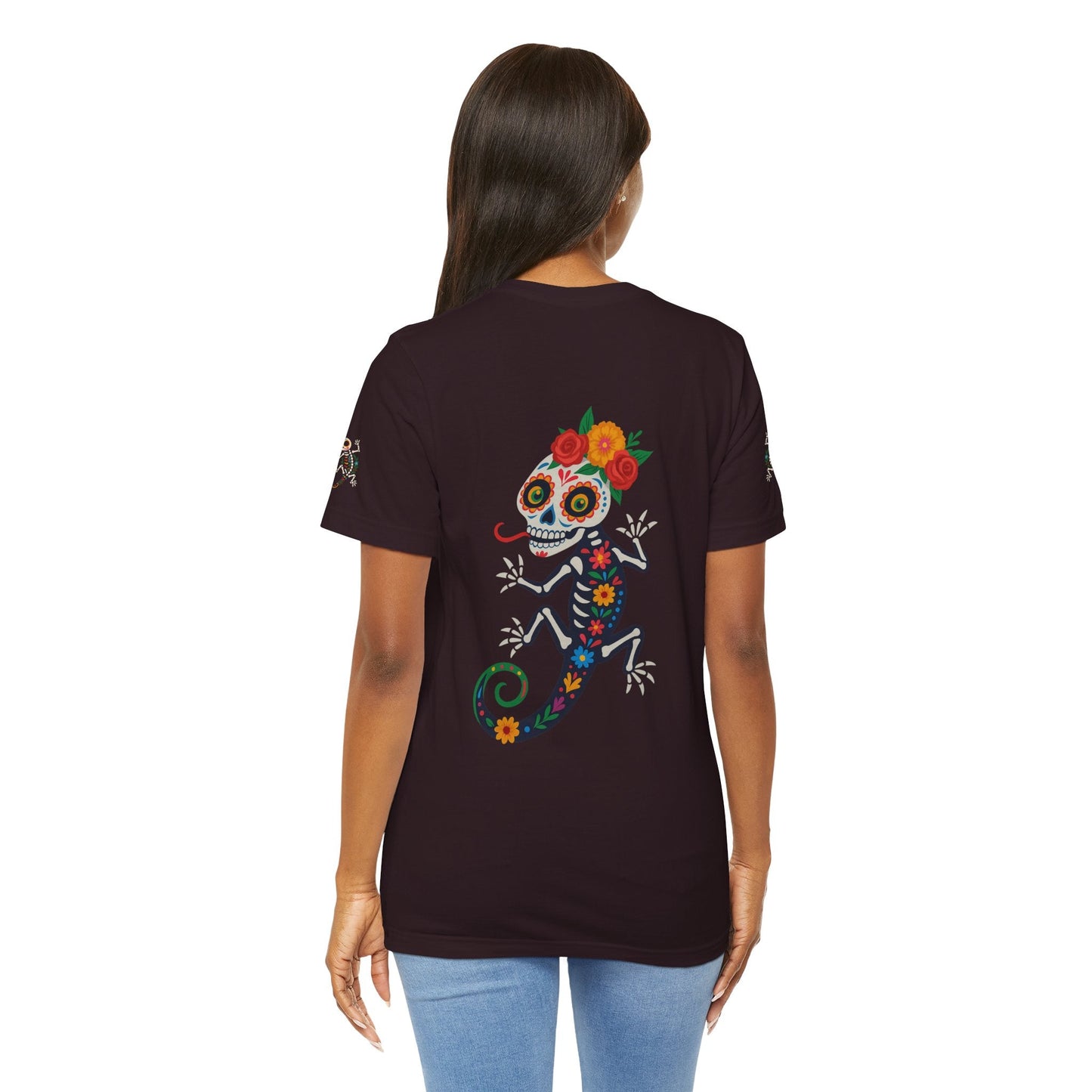La Lagartija Viva – Sugar Skull Lizard Tee with Day of the Dead Vibes | Unisex Halloween Shirt – Oxblood Black T-Shirt for artsy apparel (75 view)