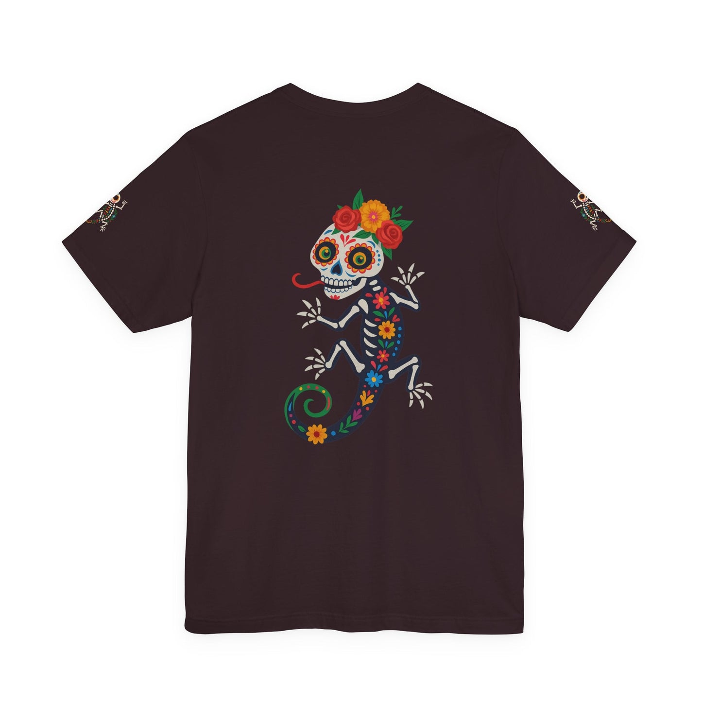 La Lagartija Viva – Sugar Skull Lizard Tee with Day of the Dead Vibes | Unisex Halloween Shirt – Oxblood Black T-Shirt for artsy apparel (74 view)