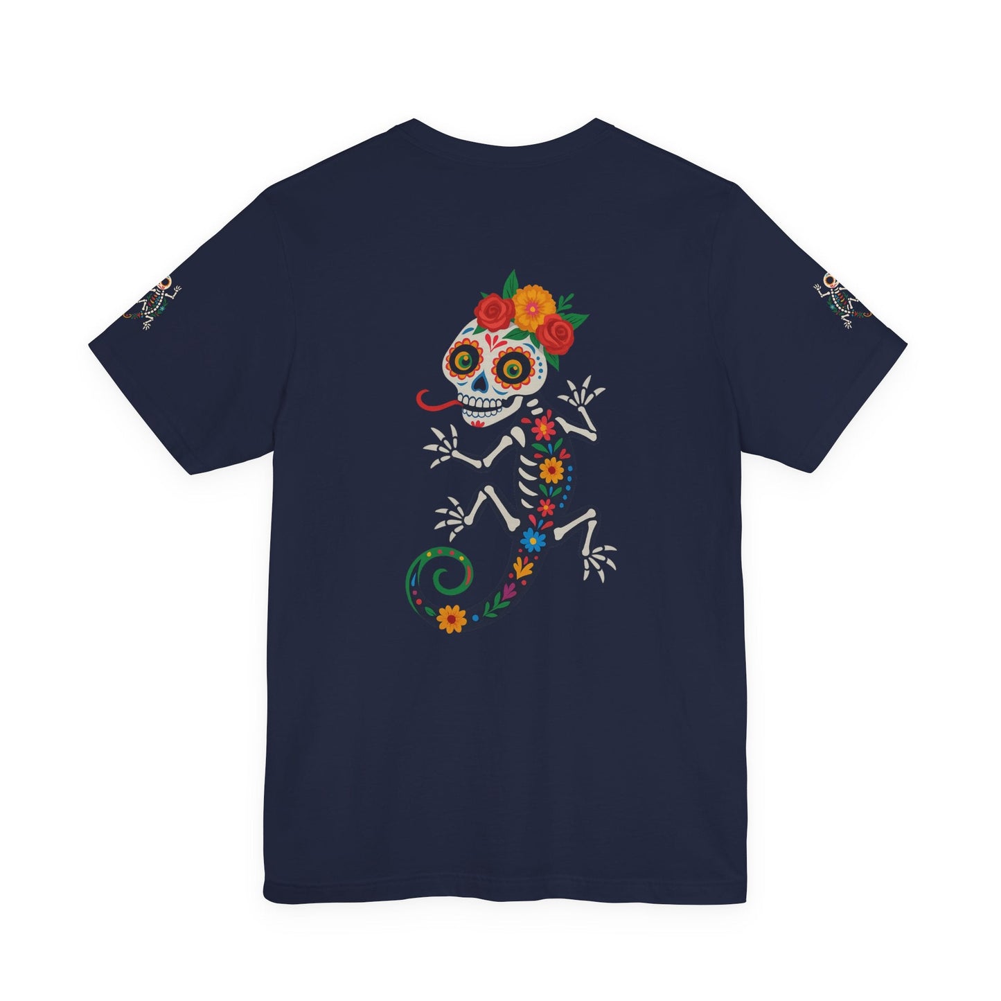 La Lagartija Viva – Sugar Skull Lizard Tee with Day of the Dead Vibes | Unisex Halloween Shirt – Navy T-Shirt for artsy apparel (53 view)
