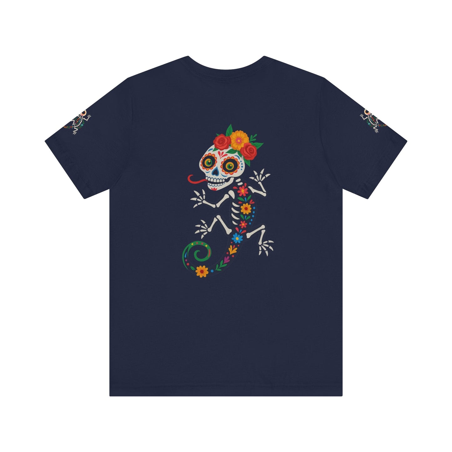 La Lagartija Viva – Sugar Skull Lizard Tee with Day of the Dead Vibes | Unisex Halloween Shirt – Navy T-Shirt for artsy apparel (51 view)