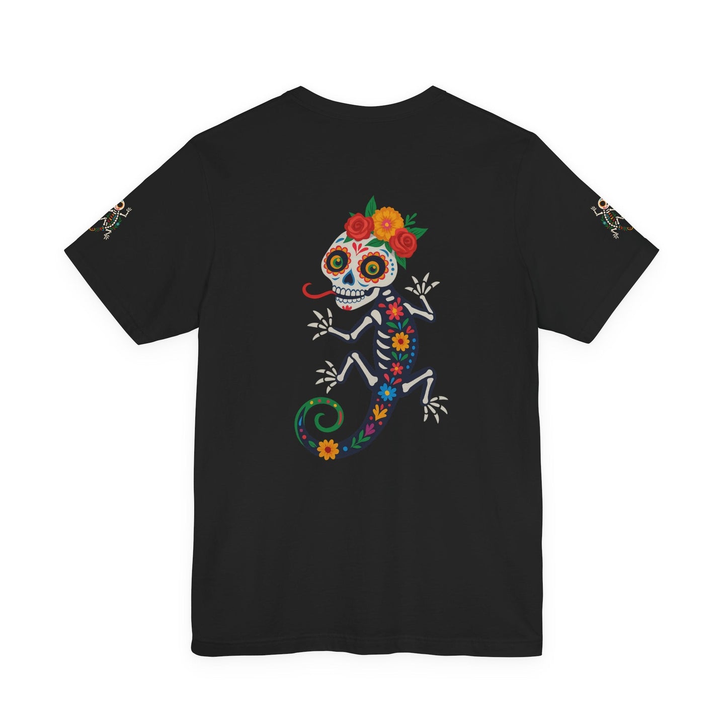 La Lagartija Viva – Sugar Skull Lizard Tee with Day of the Dead Vibes | Unisex Halloween Shirt – Black T-Shirt for artsy apparel (4 view)