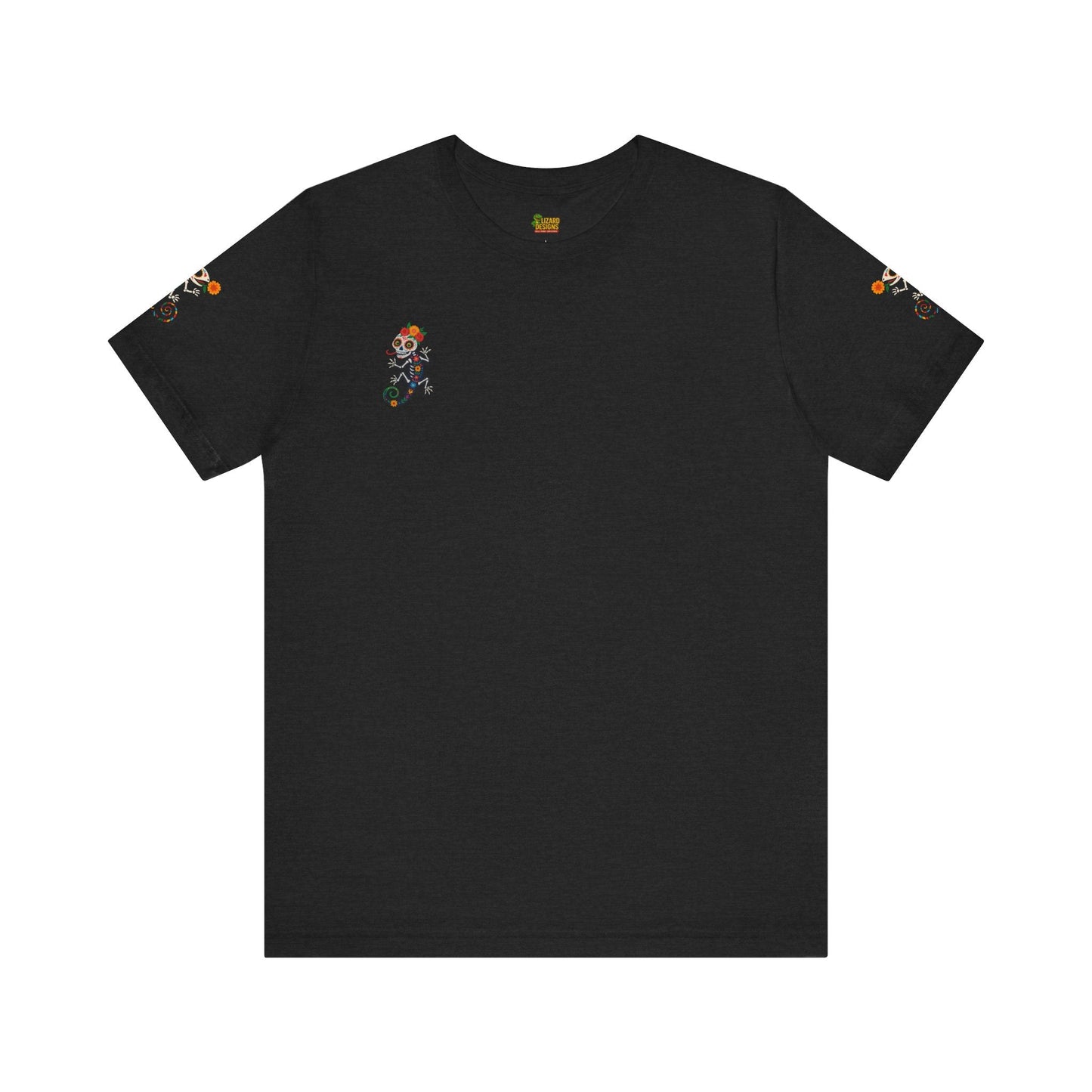 La Lagartija Viva – Sugar Skull Lizard Tee with Day of the Dead Vibes | Unisex Halloween Shirt – Solid Black Blend T-Shirt for artsy apparel (8 view)