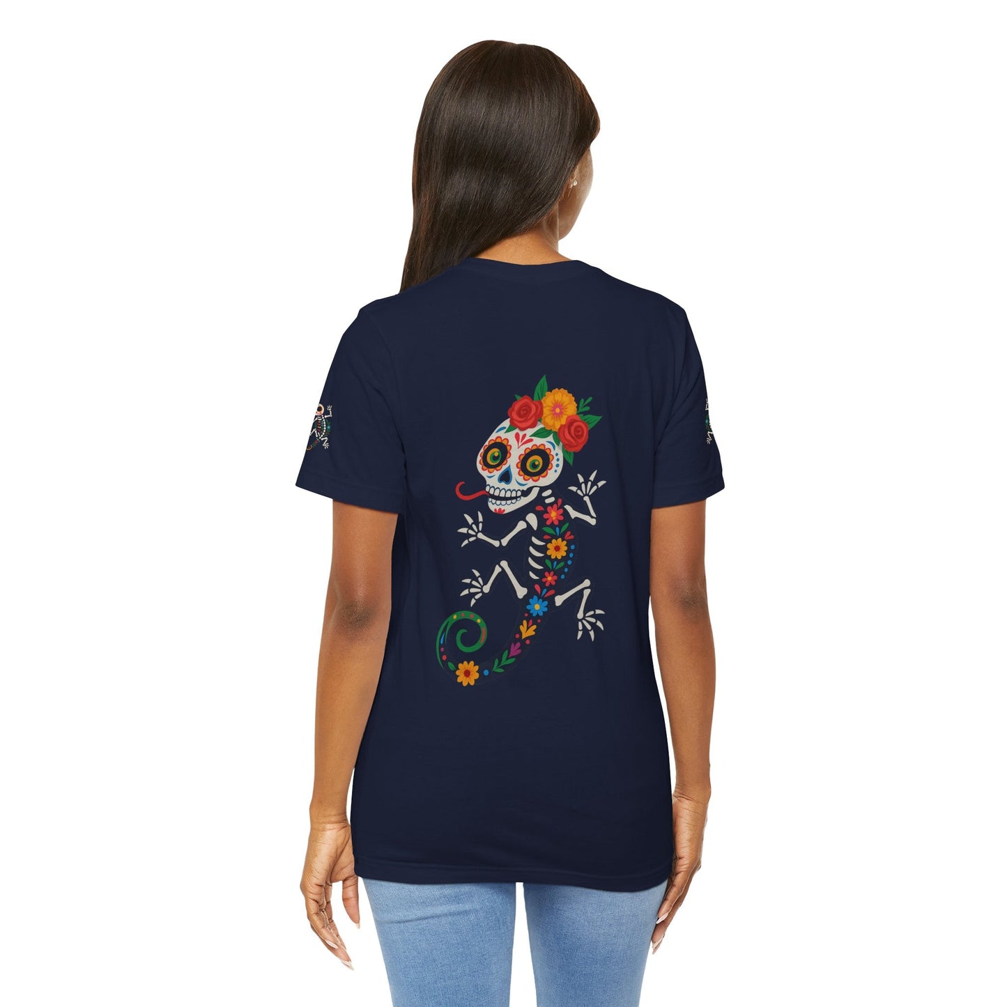 La Lagartija Viva – Sugar Skull Lizard Tee with Day of the Dead Vibes | Unisex Halloween Shirt – Navy T-Shirt for artsy apparel (54 view)