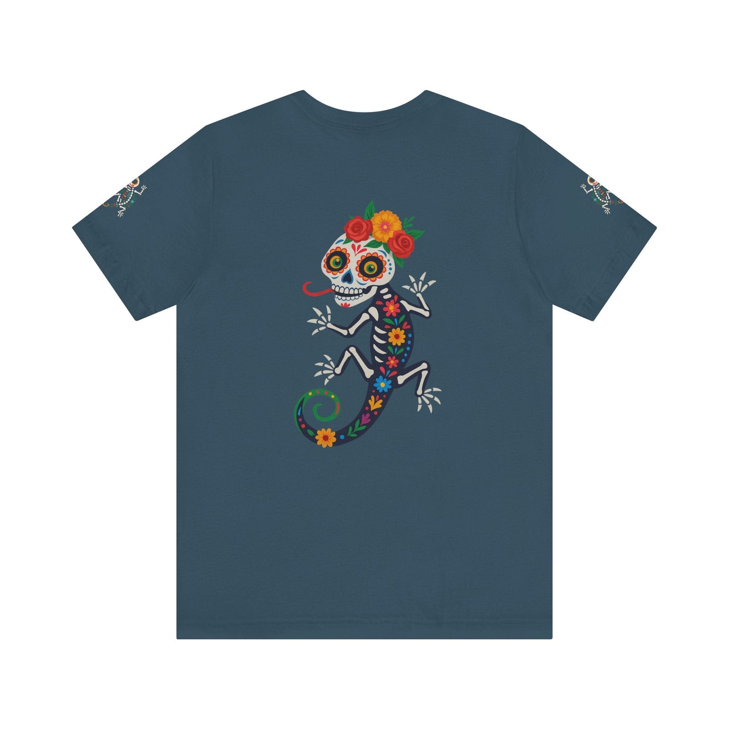 La Lagartija Viva – Sugar Skull Lizard Tee with Day of the Dead Vibes | Unisex Halloween Shirt – Deep Teal T-Shirt for artsy apparel (44 view)