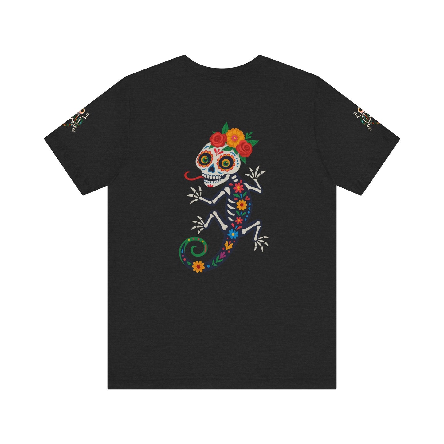La Lagartija Viva – Sugar Skull Lizard Tee with Day of the Dead Vibes | Unisex Halloween Shirt – Solid Black Blend T-Shirt for artsy apparel (9 view)