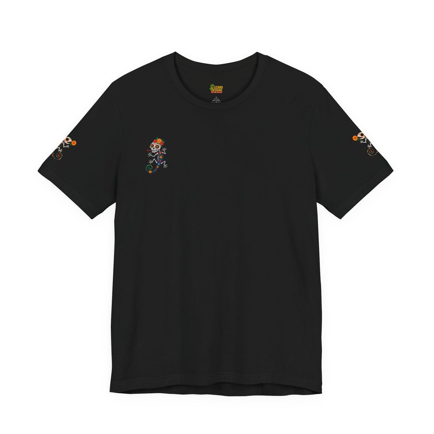 La Lagartija Viva – Sugar Skull Lizard Tee with Day of the Dead Vibes | Unisex Halloween Shirt – Solid Black Blend T-Shirt for artsy apparel (11 view)