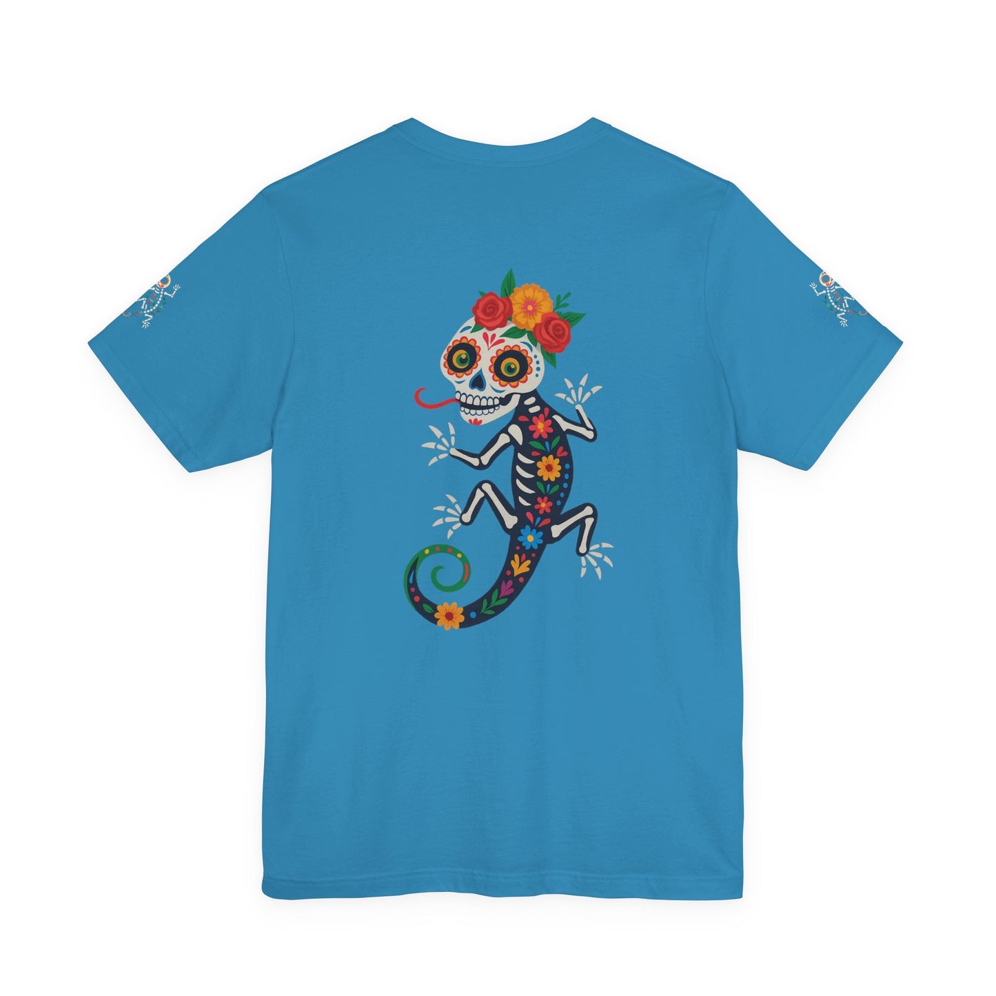 La Lagartija Viva – Sugar Skull Lizard Tee with Day of the Dead Vibes | Unisex Halloween Shirt – Aqua T-Shirt for artsy apparel (25 view)
