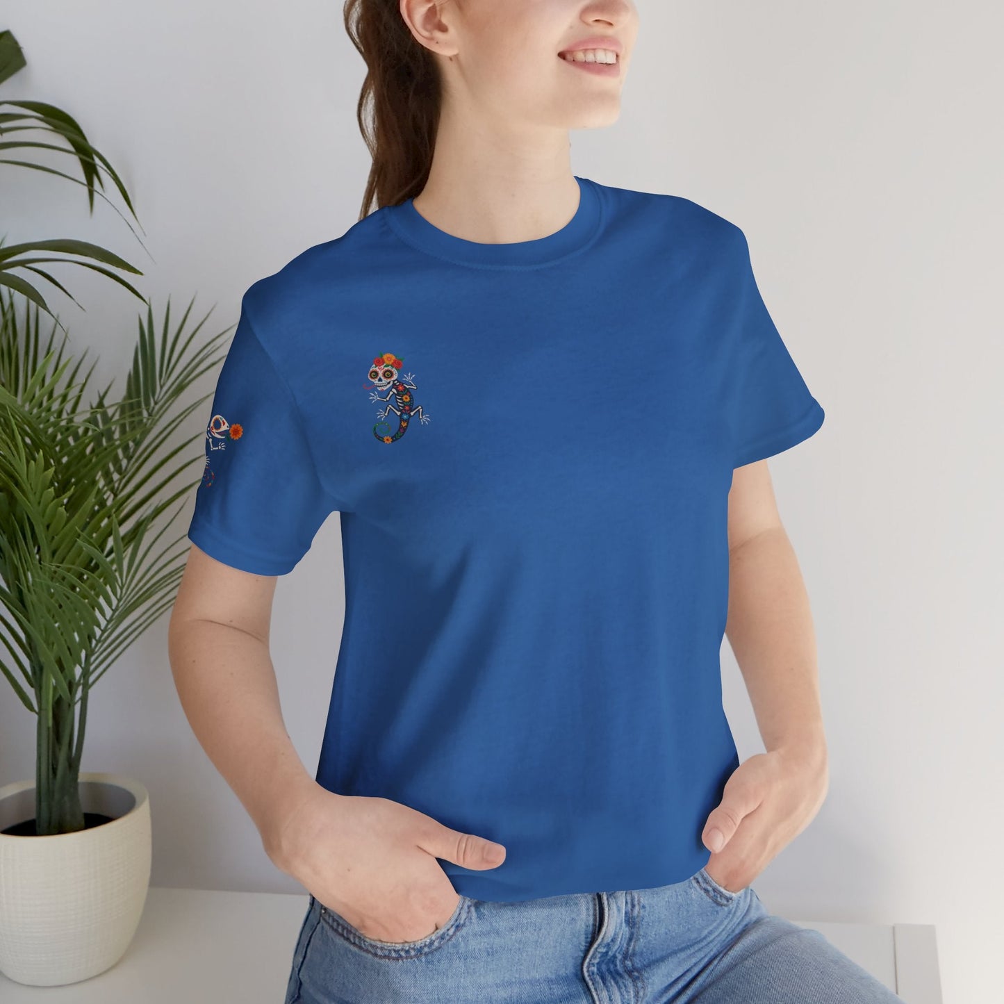 La Lagartija Viva – Sugar Skull Lizard Tee with Day of the Dead Vibes | Unisex Halloween Shirt – Columbia Blue T-Shirt for artsy apparel (42 view)