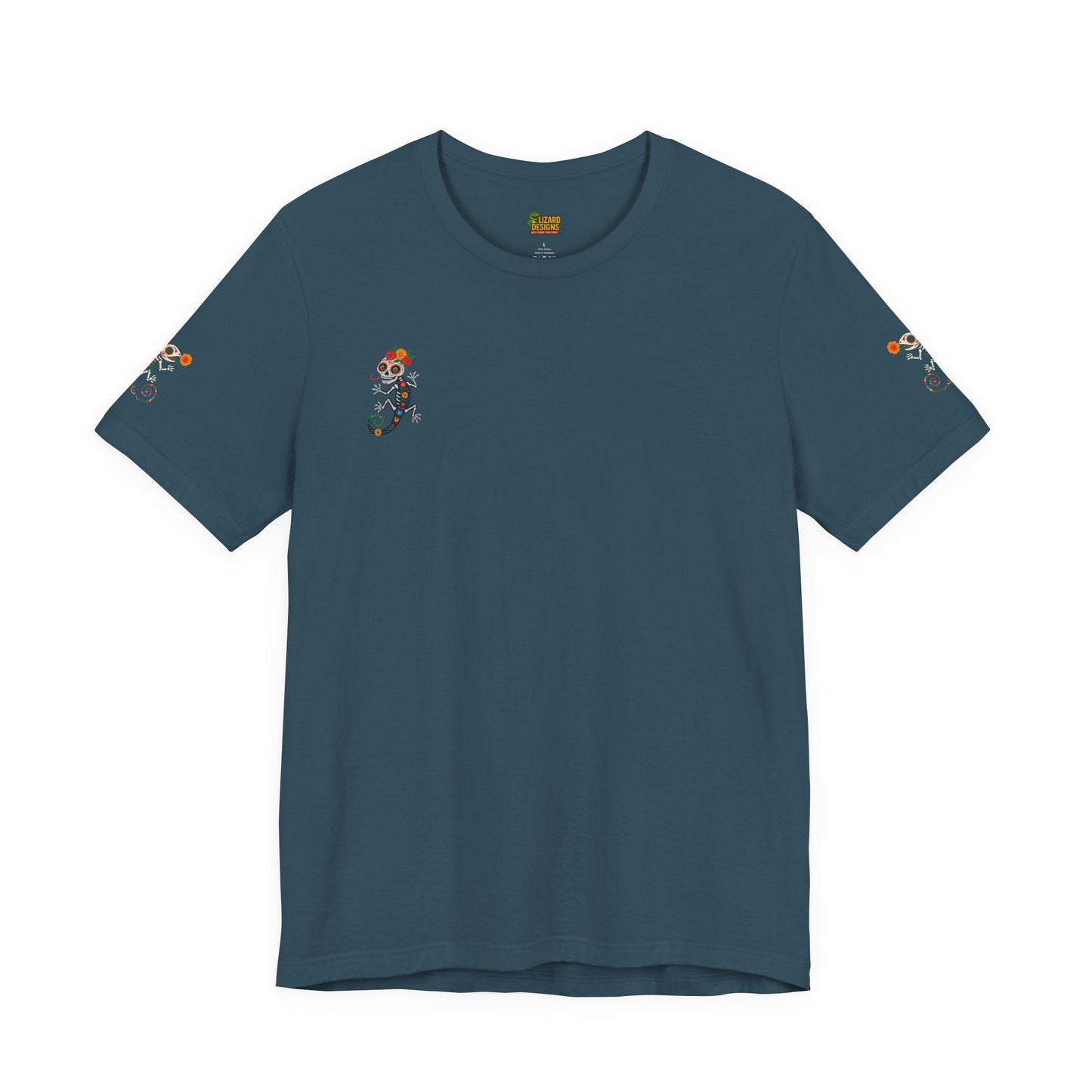 La Lagartija Viva – Sugar Skull Lizard Tee with Day of the Dead Vibes | Unisex Halloween Shirt – Deep Teal T-Shirt for artsy apparel (45 view)