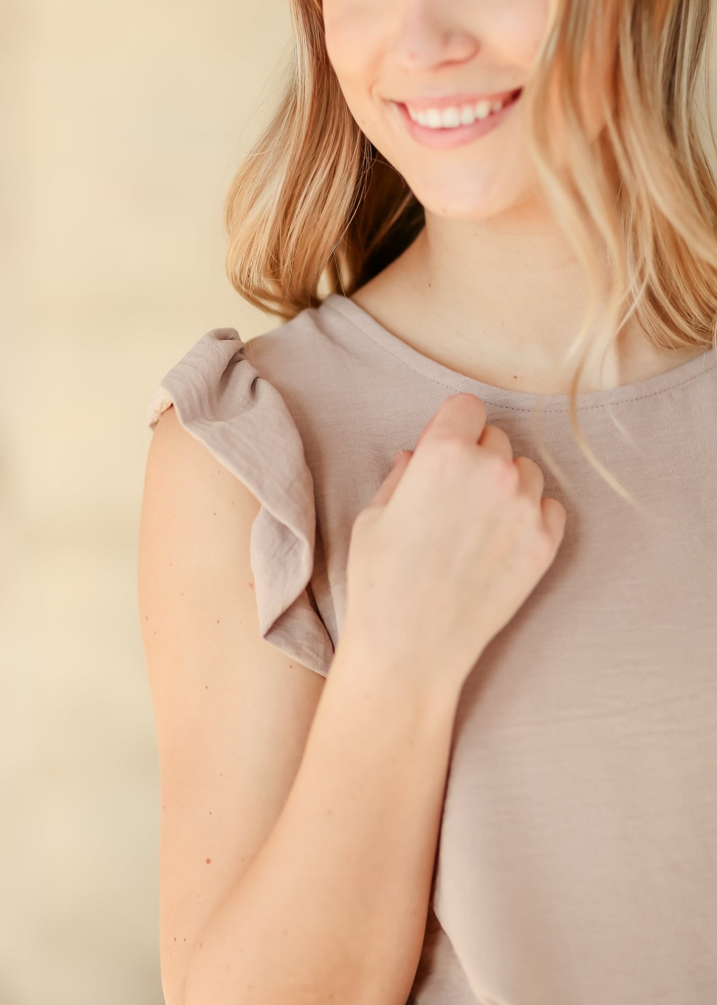 Leanne Ruffle Cap Sleeve Top – Camel IC Tops for glow - up collection (11 view)
