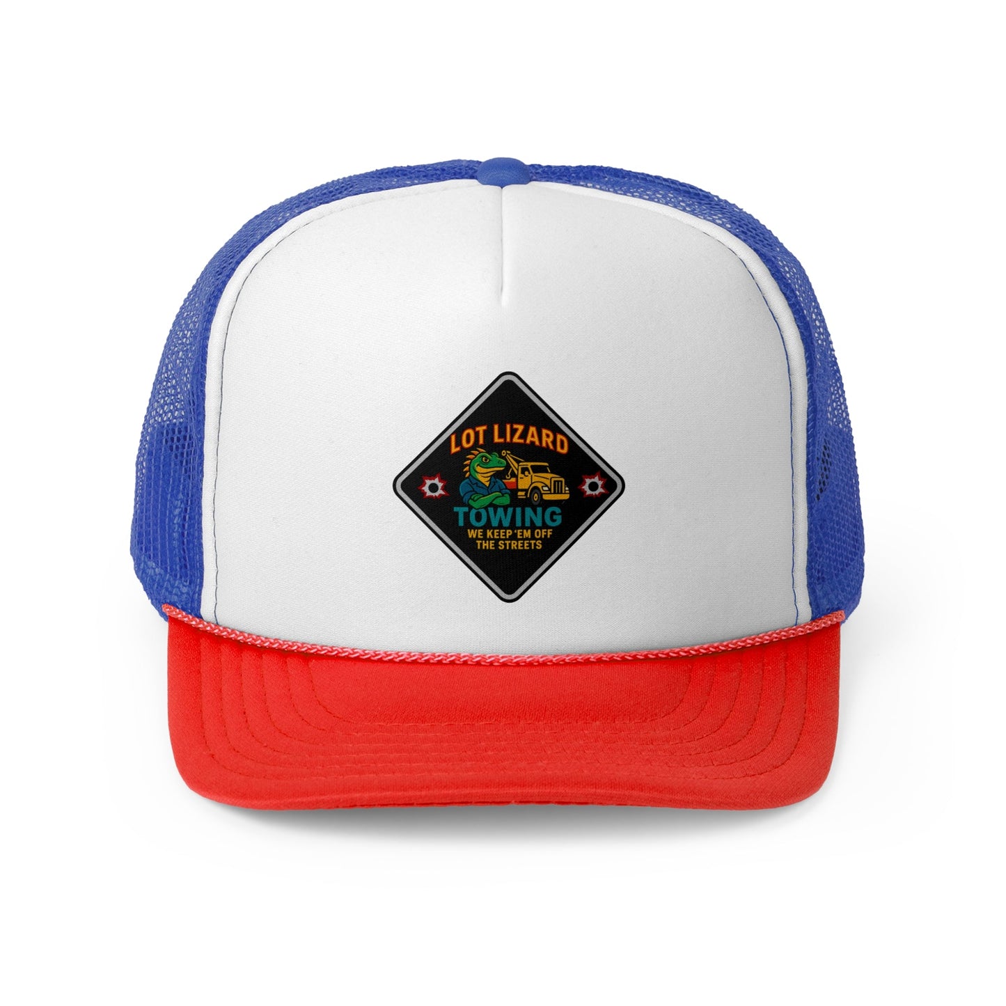 Lot Lizard Towing Hat – We Keep'em off the streets | Funny Road Sign Cap for Truckers – Blue/Red Hats by Printify