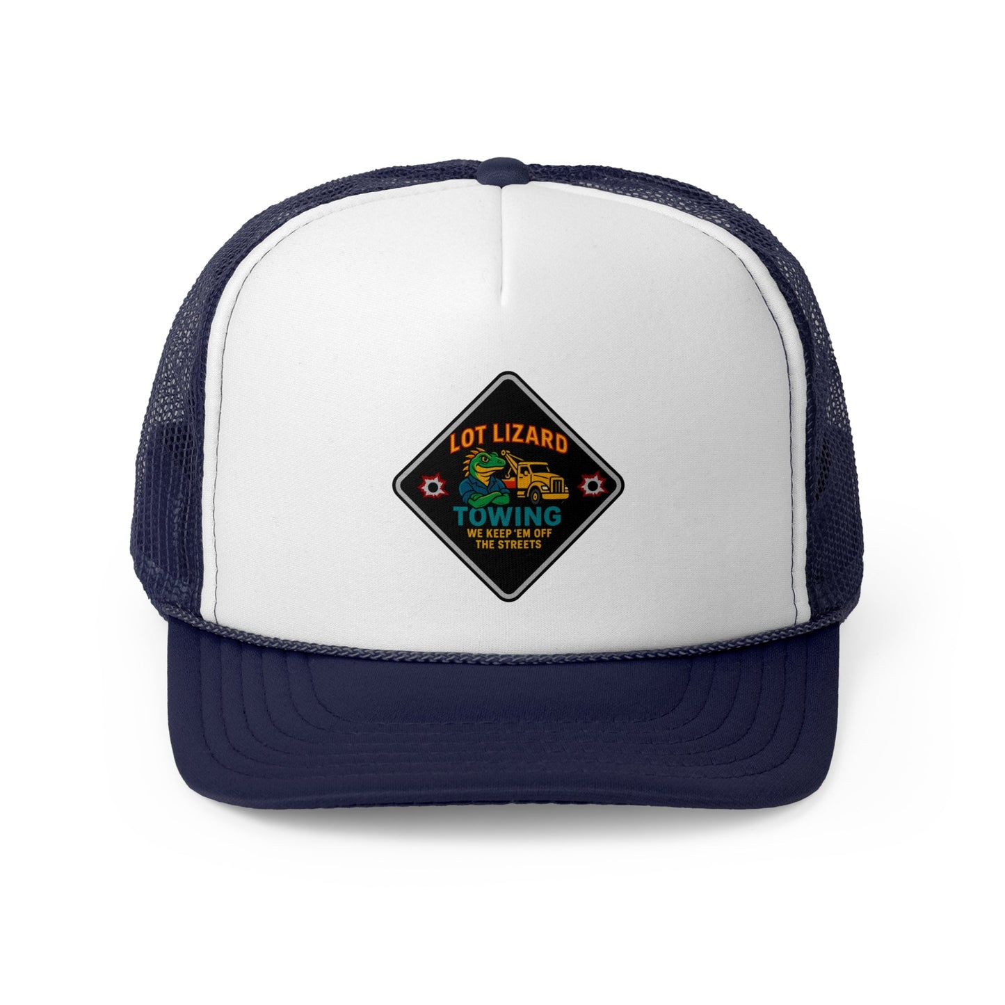 Lot Lizard Towing Hat – We Keep'em off the streets | Funny Road Sign Cap for Truckers – Dark Navy Hats for casual trucker (4 view)