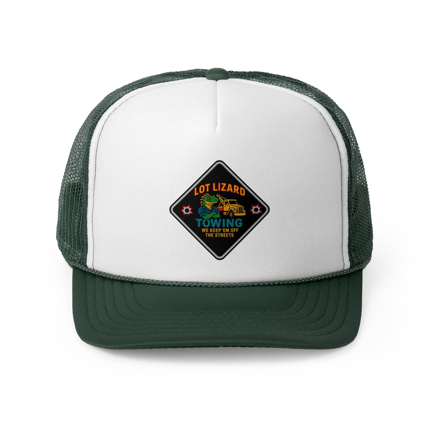 Lot Lizard Towing Hat – We Keep'em off the streets | Funny Road Sign Cap for Truckers – Dark Green Hats for casual trucker (3 view)
