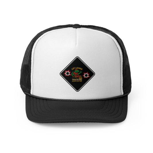 Lot Lizard Trucking Hat – Always on Time Trucker Cap | Bold Funny Road Sign Design for Diesel Junkies & Big Rig Fans