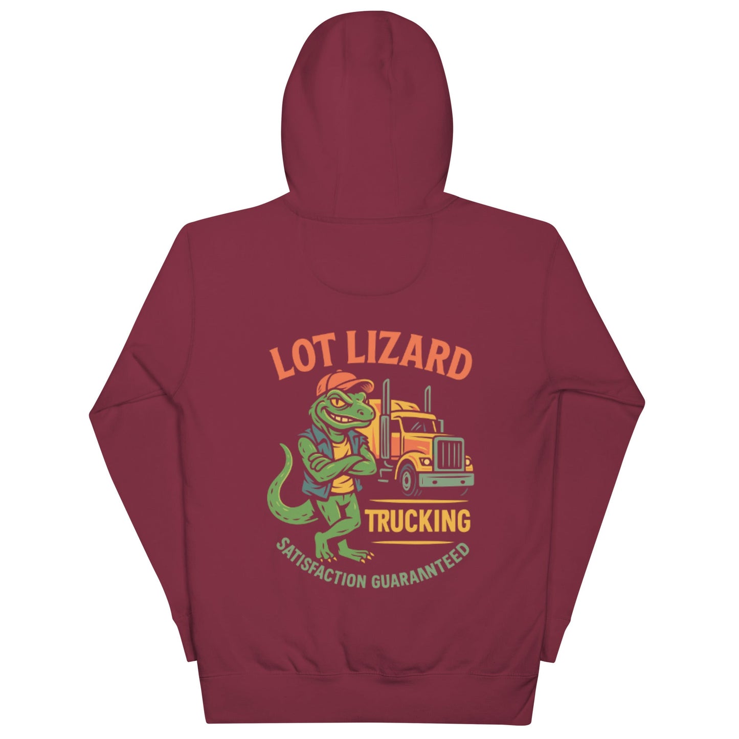 Lot Lizard Trucking Hoodie – Satisfaction Guaranteed | Funny Trucker Hoodie – Maroon Hoodie for Lizard Designs (5 view)