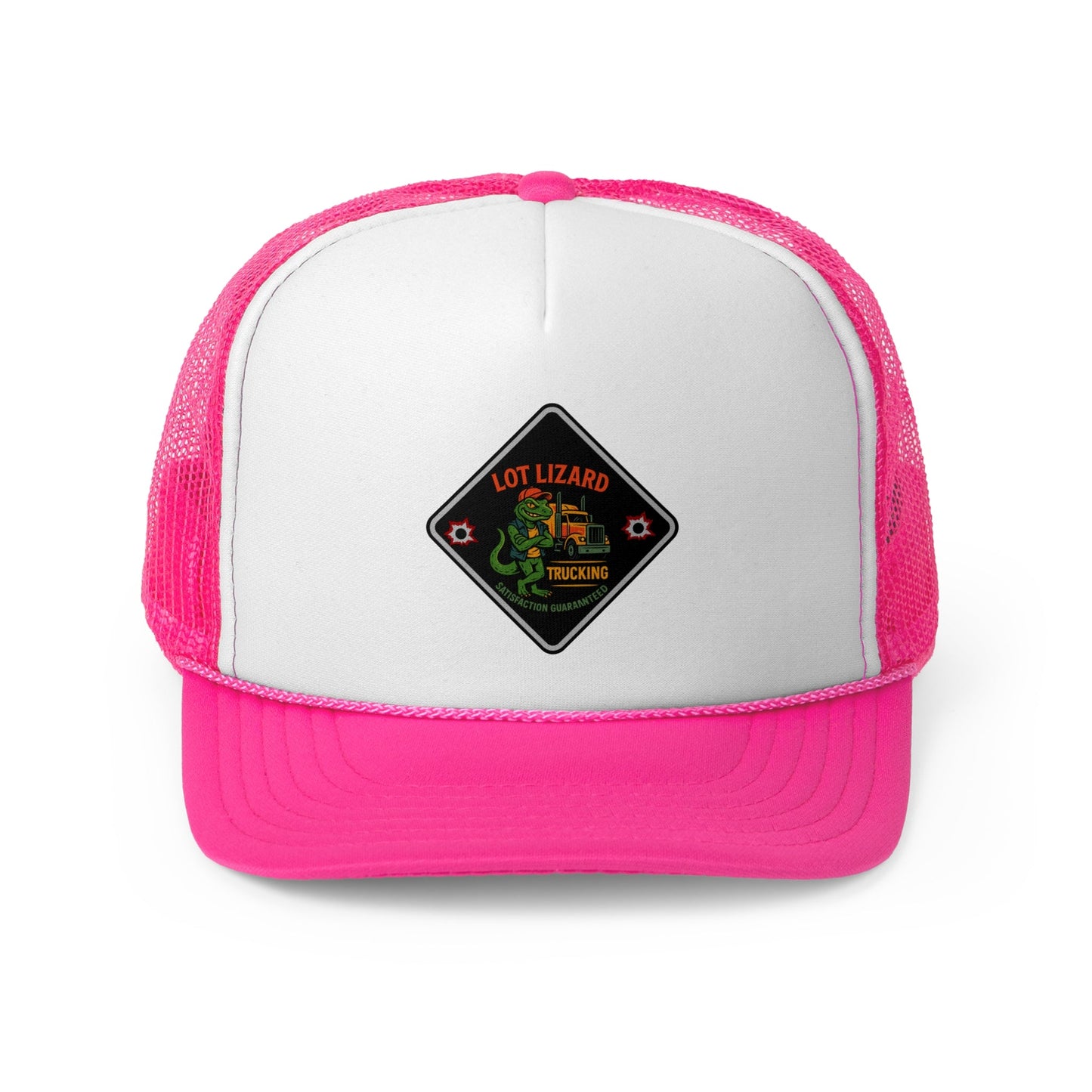 Lot Lizard Trucking Trucker Hat - Satisfaction Guaranteed | Funny Road Sign Cap for Truckers – Pink Hats by Printify