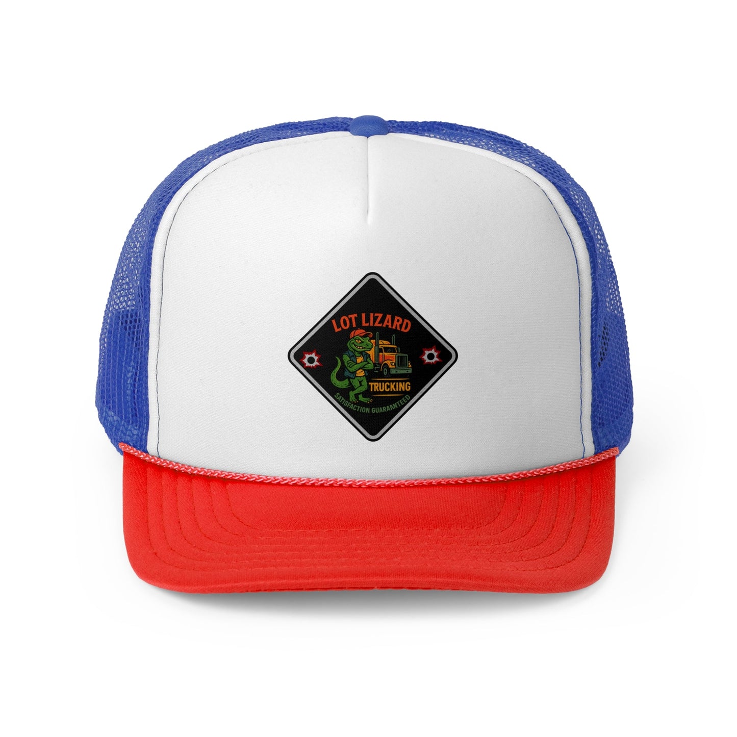 Lot Lizard Trucking Trucker Hat - Satisfaction Guaranteed | Funny Road Sign Cap for Truckers – Blue/Red Hats by Printify