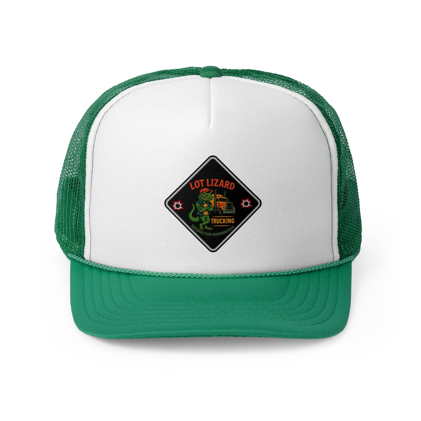 Lot Lizard Trucking Trucker Hat - Satisfaction Guaranteed | Funny Road Sign Cap for Truckers – Green Hats by Printify