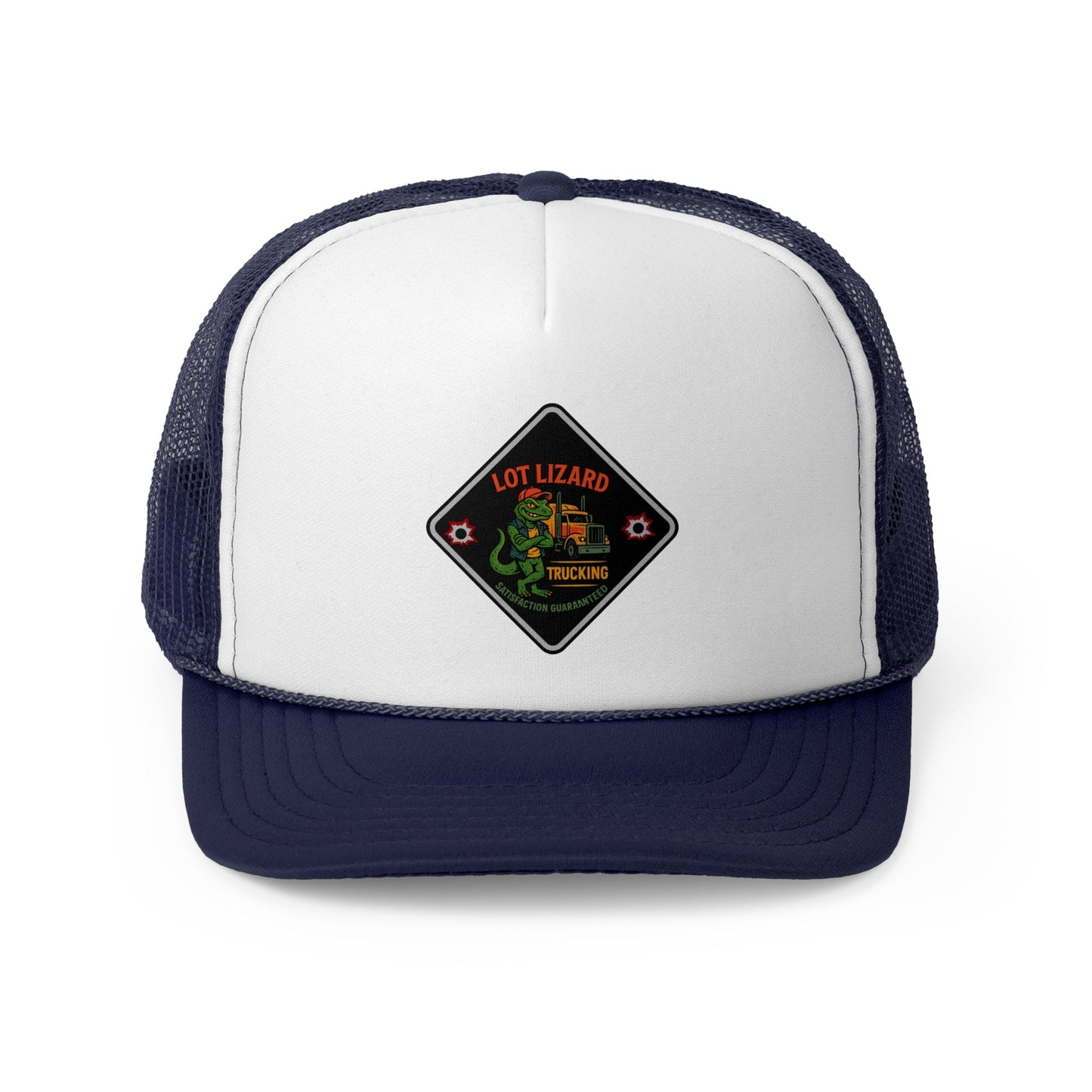 Lot Lizard Trucking Trucker Hat - Satisfaction Guaranteed | Funny Road Sign Cap for Truckers – Dark Navy Hats for casual trucker (3 view)