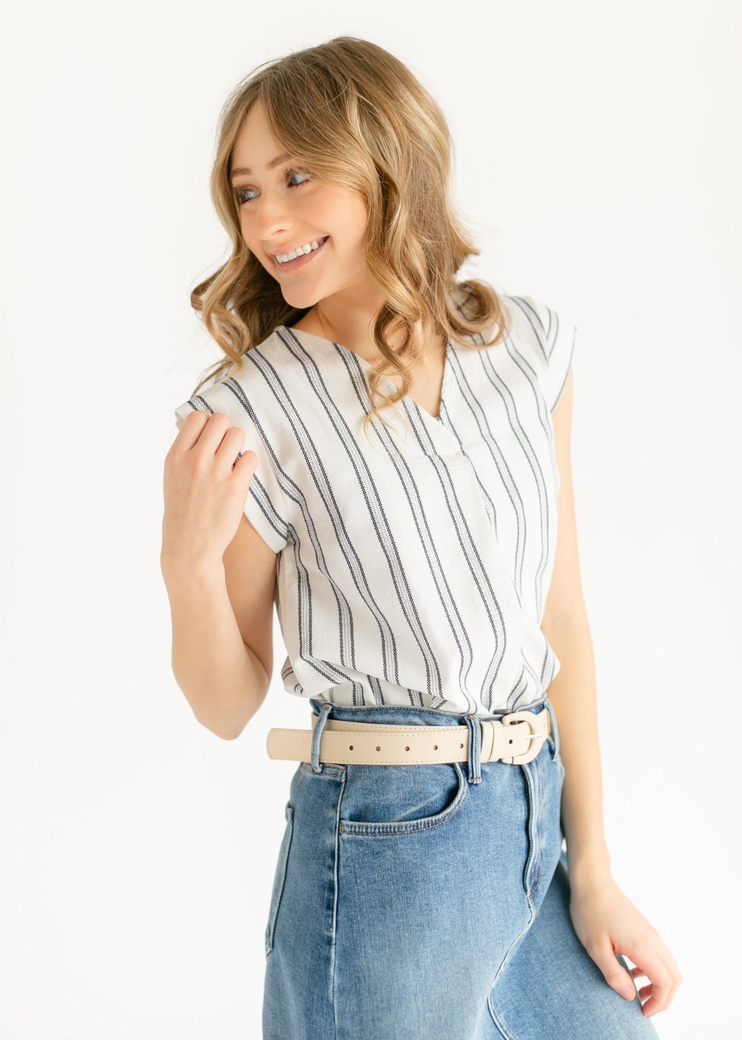 Madison Striped V - neck Short Sleeve Flowy Top – XS IC Tops for glow - up collection (6 view)
