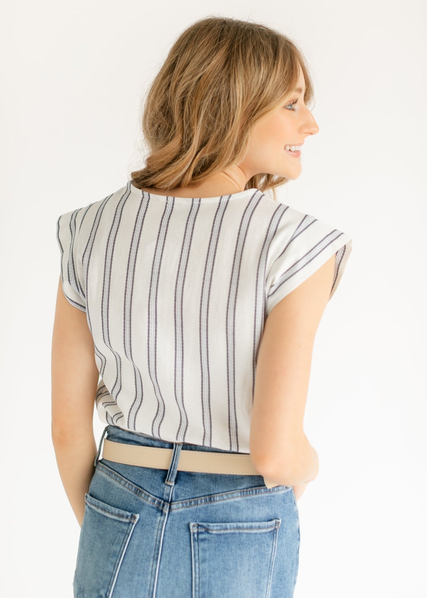 Madison Striped V - neck Short Sleeve Flowy Top – XS IC Tops for glow - up collection (5 view)