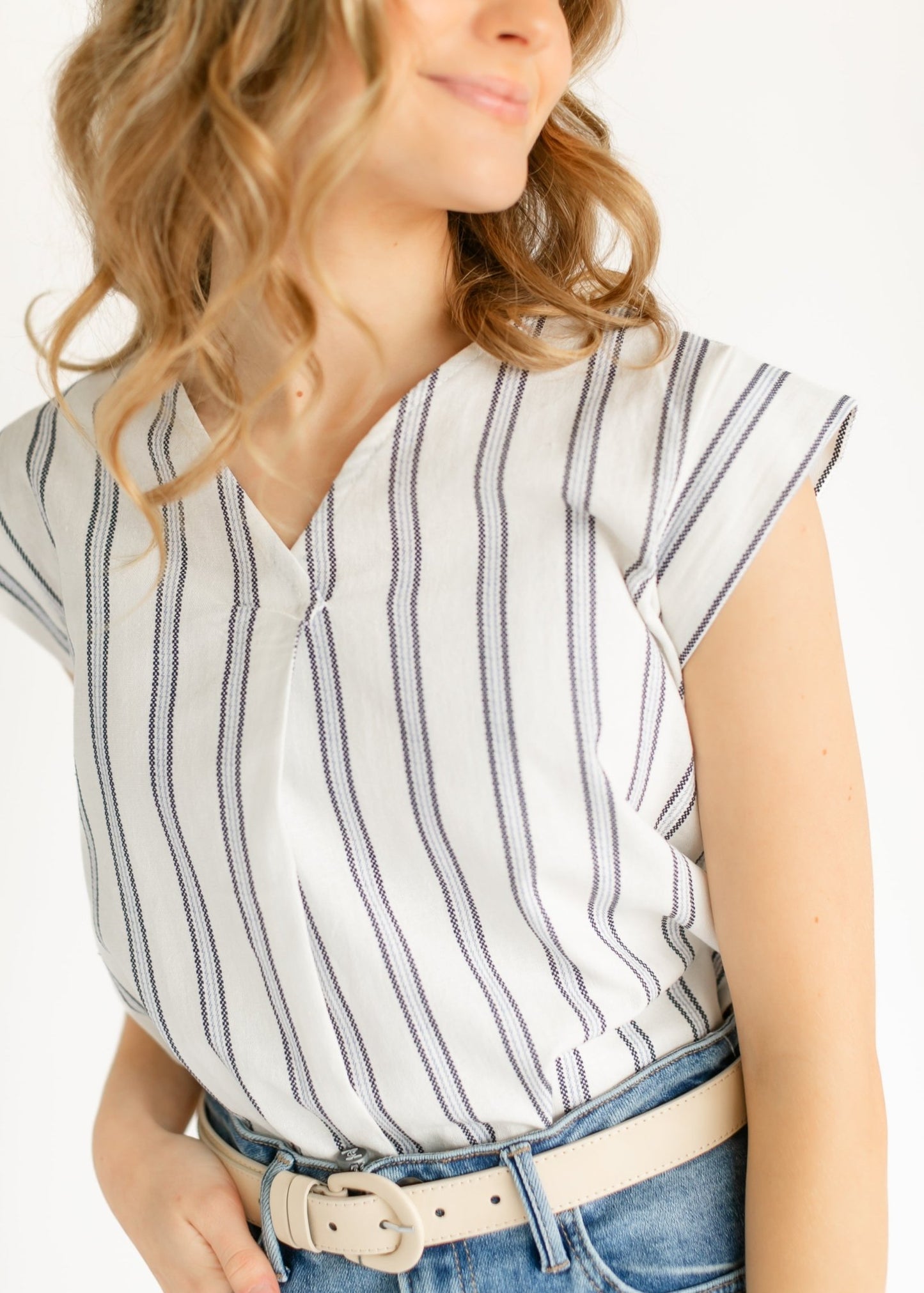 Madison Striped V - neck Short Sleeve Flowy Top – XS IC Tops for glow - up collection (1 view)