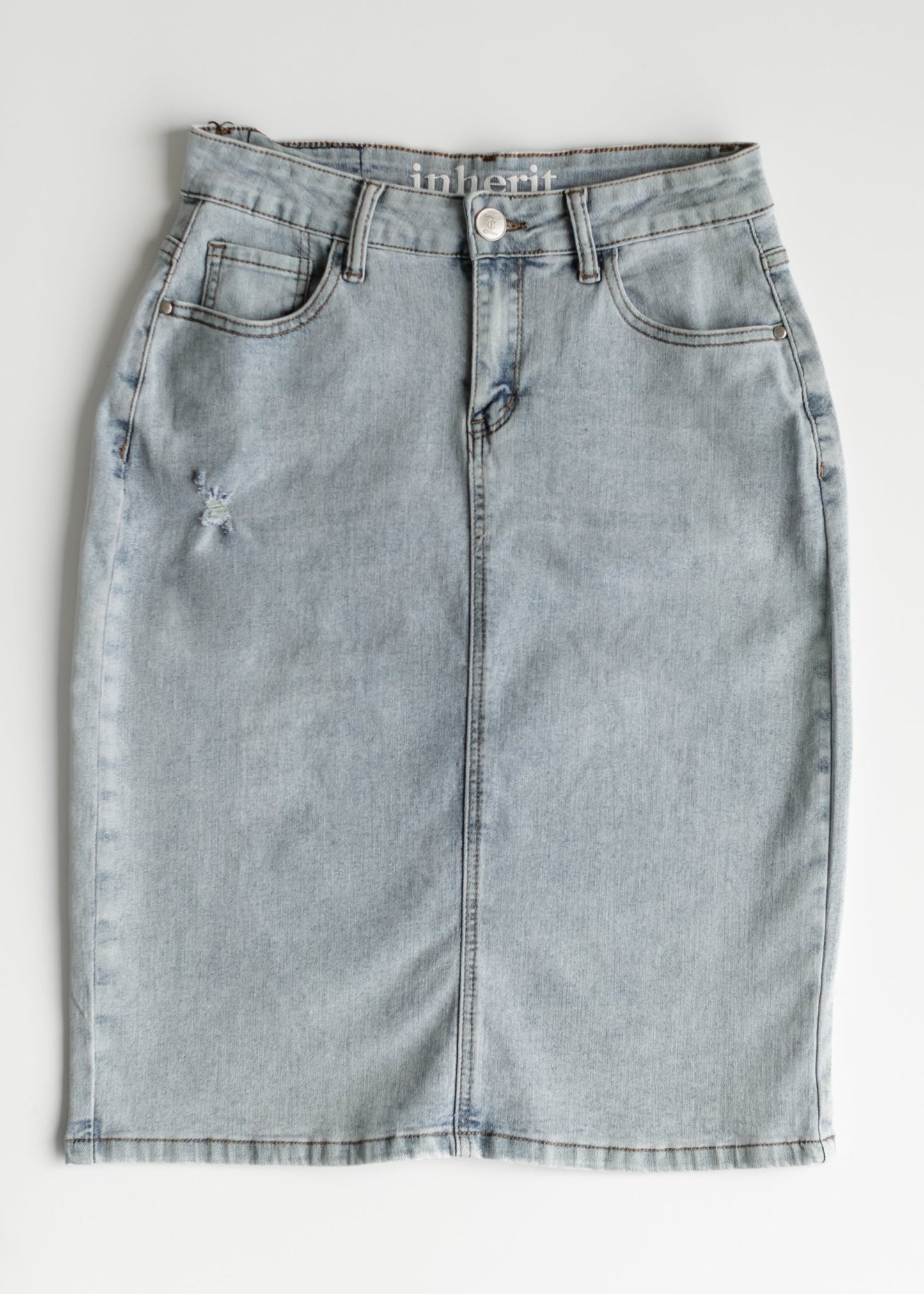 Maelia Distressed Denim Midi Skirt – 2 IC Skirts for glow - up collection (14 view)