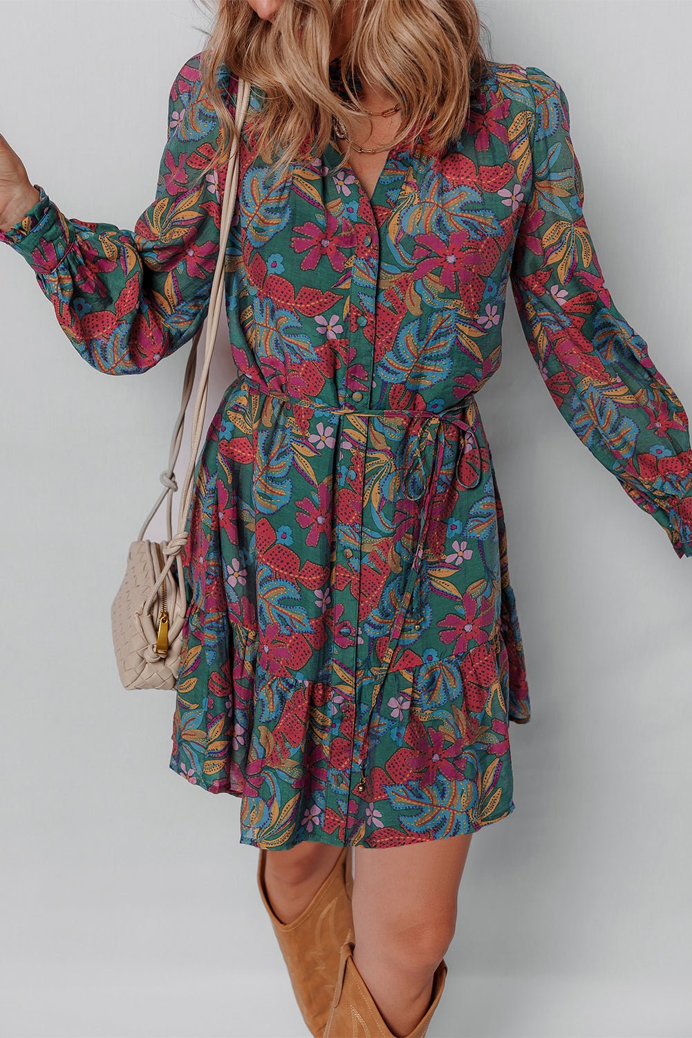 Maria Floral V Neck Puff Sleeve Dress – Green Dresses/Floral Dresses for Shopify Collective (4 view)