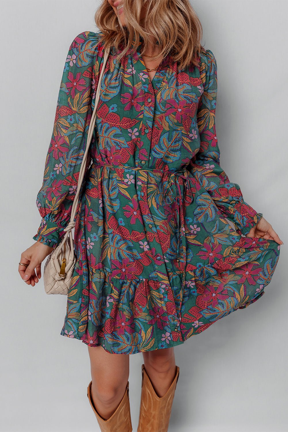Maria Floral V Neck Puff Sleeve Dress – Green Dresses/Floral Dresses for Shopify Collective (1 view)